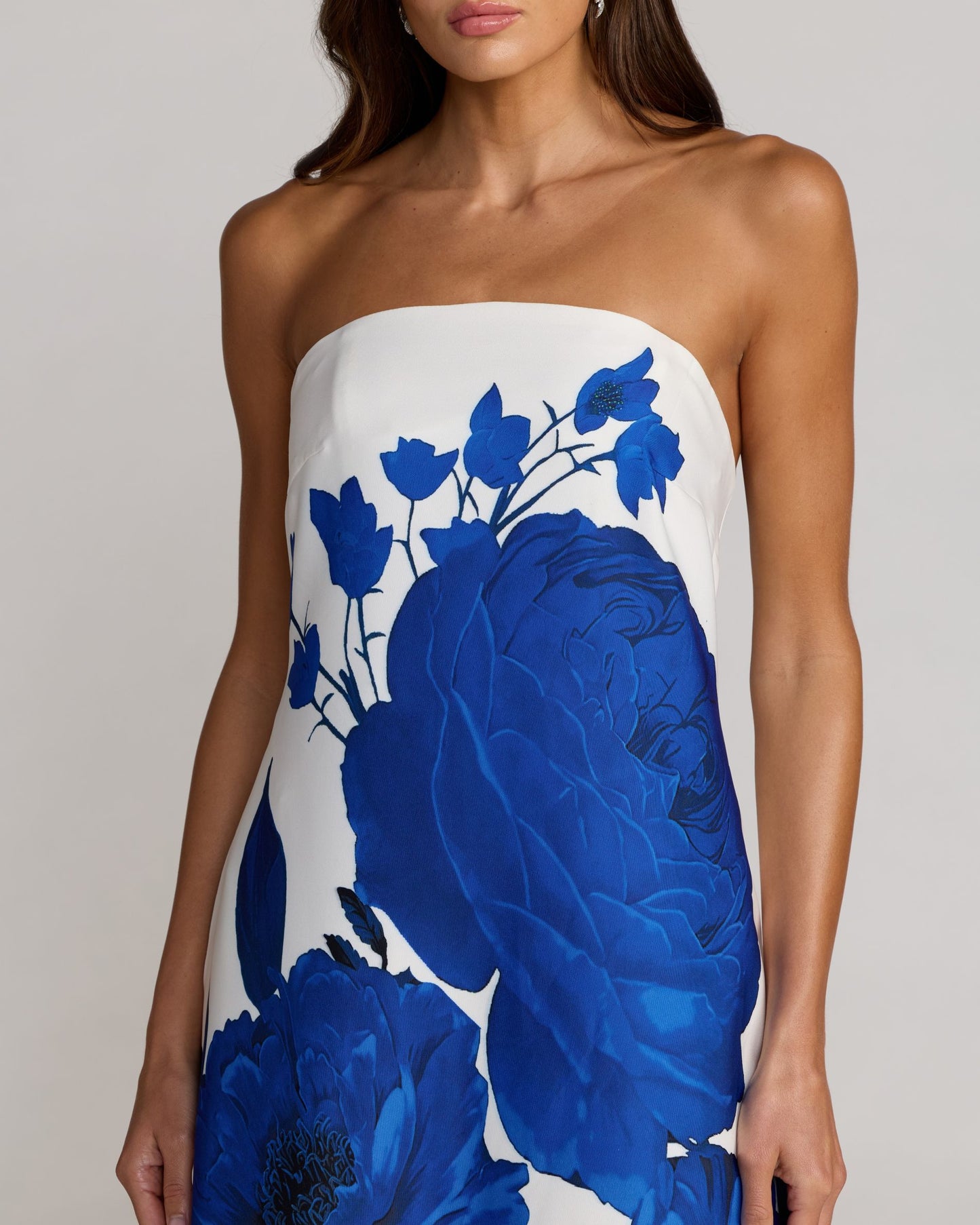 White Floral Printed Crepe Strapless Trapeze Gown Ieena for Mac Duggal