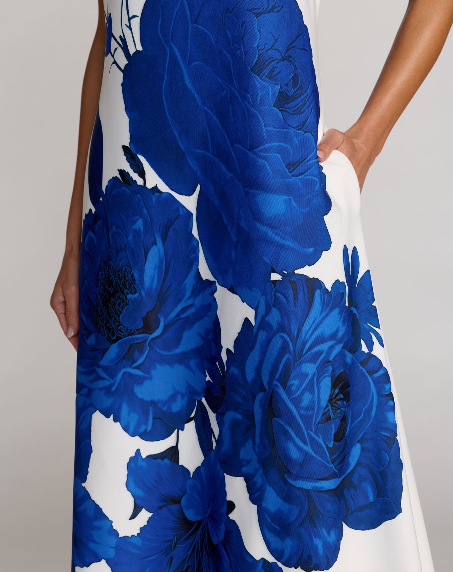 White Floral Printed Strapless Crepe Trapeze Gown