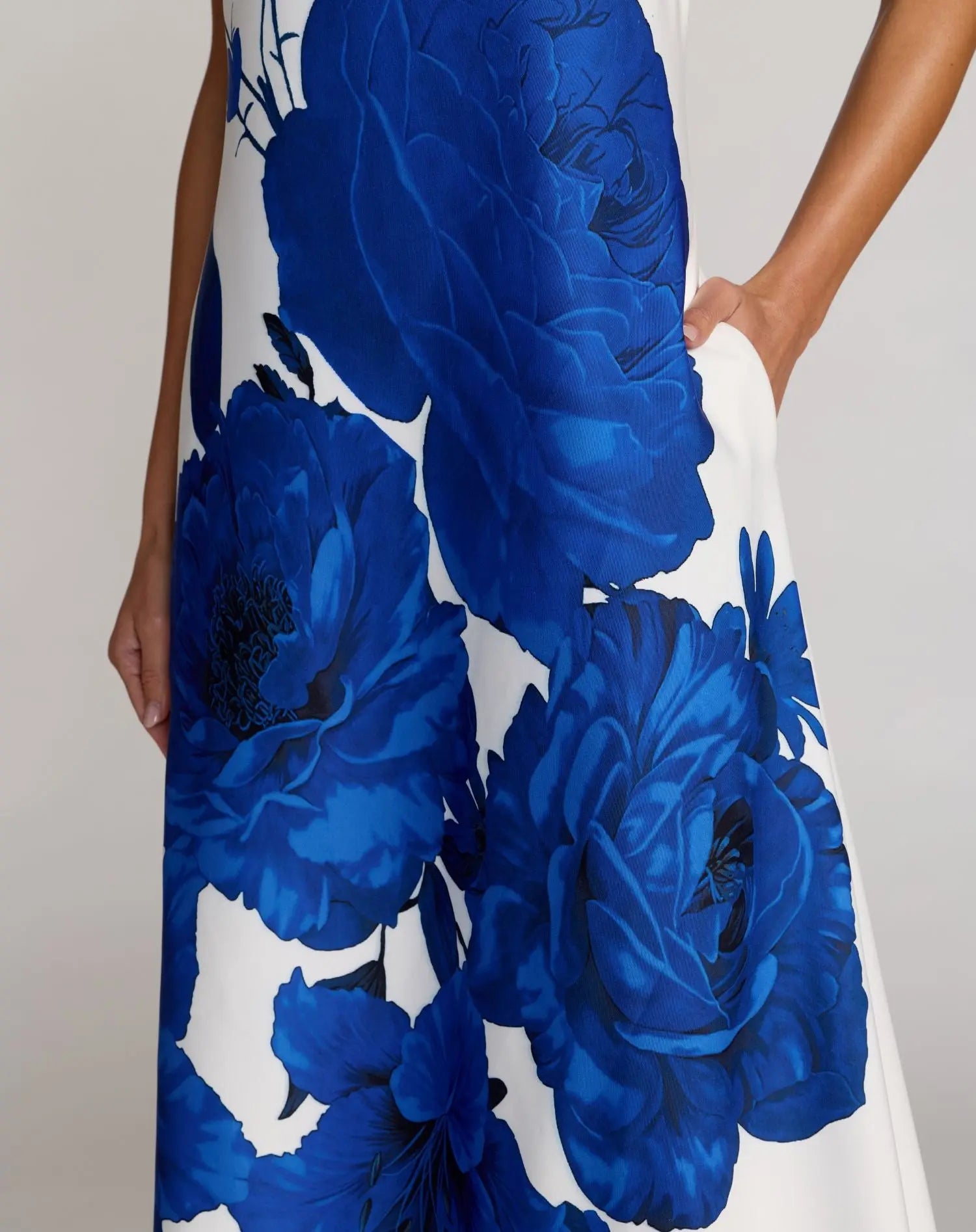 White Floral Printed Strapless Crepe Trapeze Gown Ieena for Mac Duggal