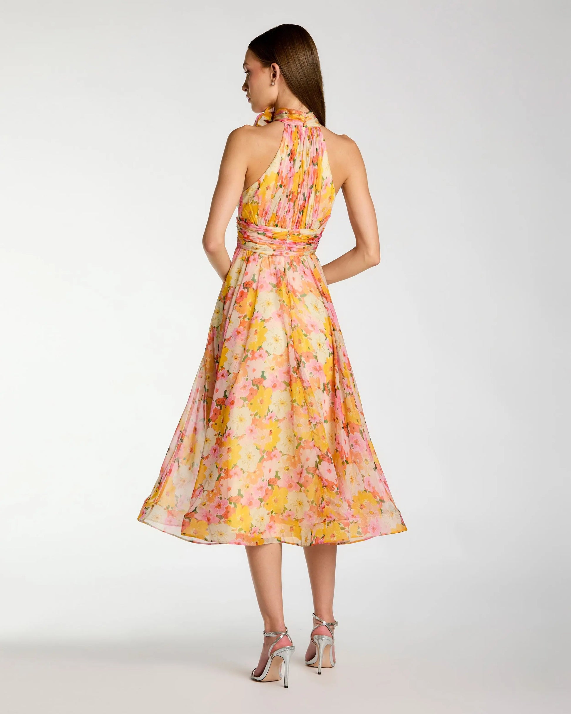 Multicolor Floral Halter Neck Midi Dress With 3D Flower | Mac Duggal Multicolor Floral Halter Neck Midi Dress With 3D Flower | Mac Duggal