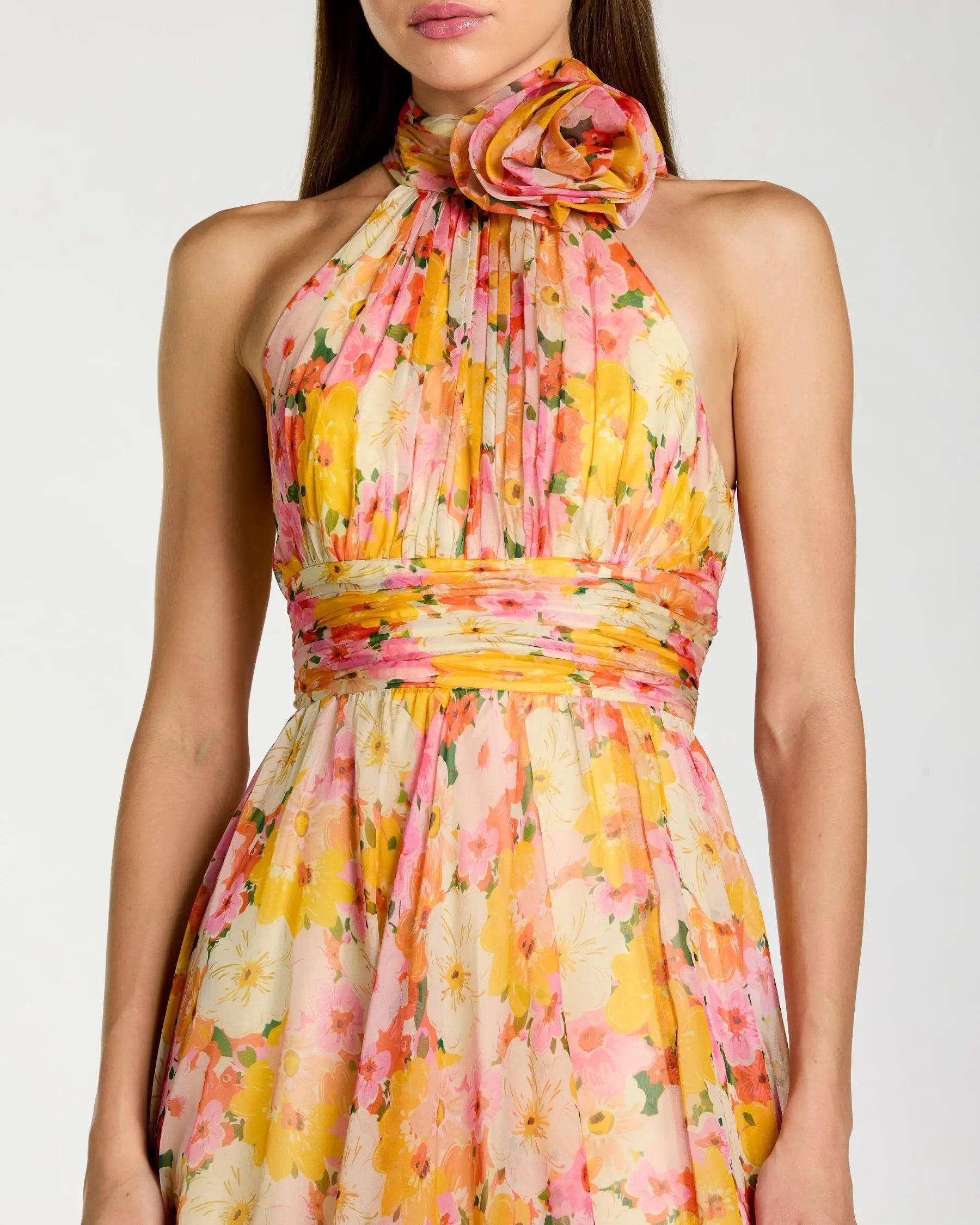Ieena for Mac Duggal - Multicolor Floral Halter Neck Midi Dress With 3D Flower