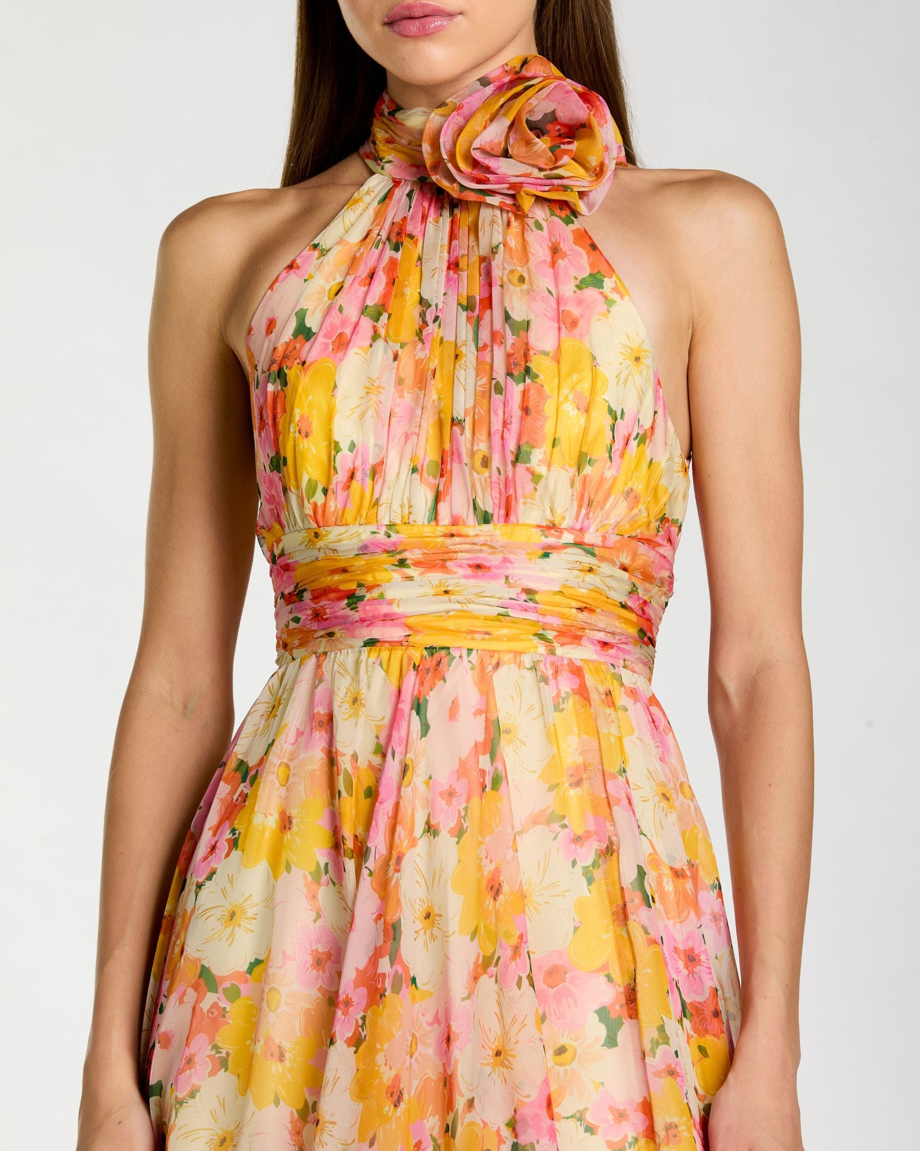 Yellow Floral Halter Neck Midi Dress With 3D Flower ieena for Mac Duggal