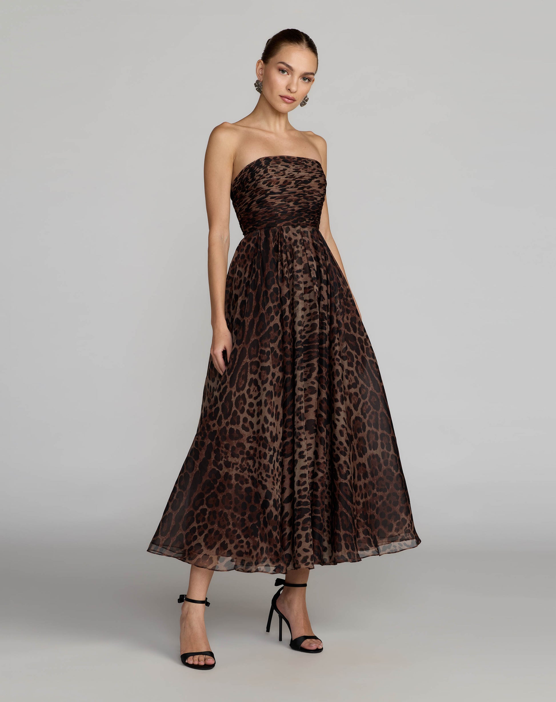Leopard Strapless A-Line Chiffon Midi Dress
