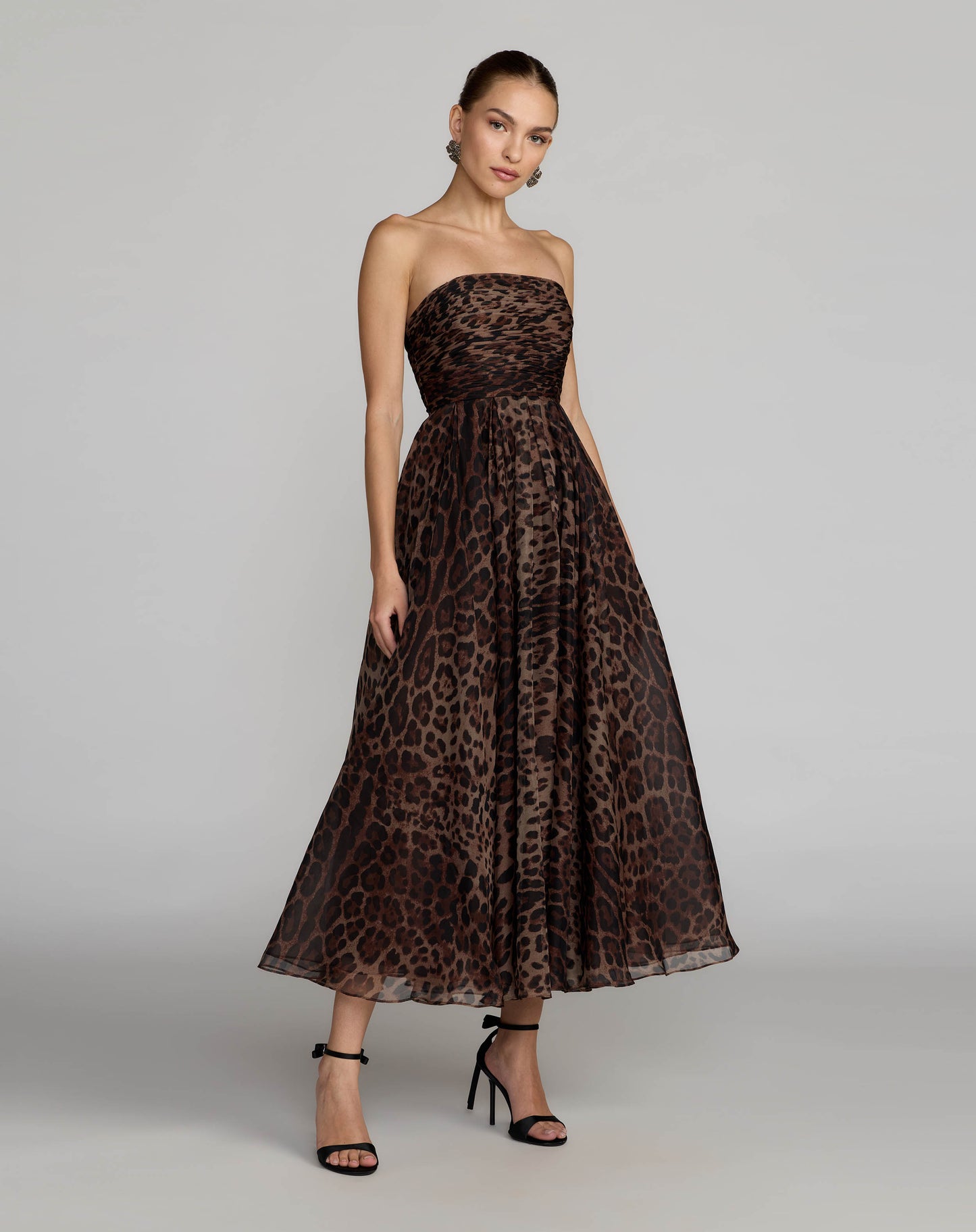 Leopard Strapless A-Line Chiffon Midi Dress - Ieena for Mac Duggal