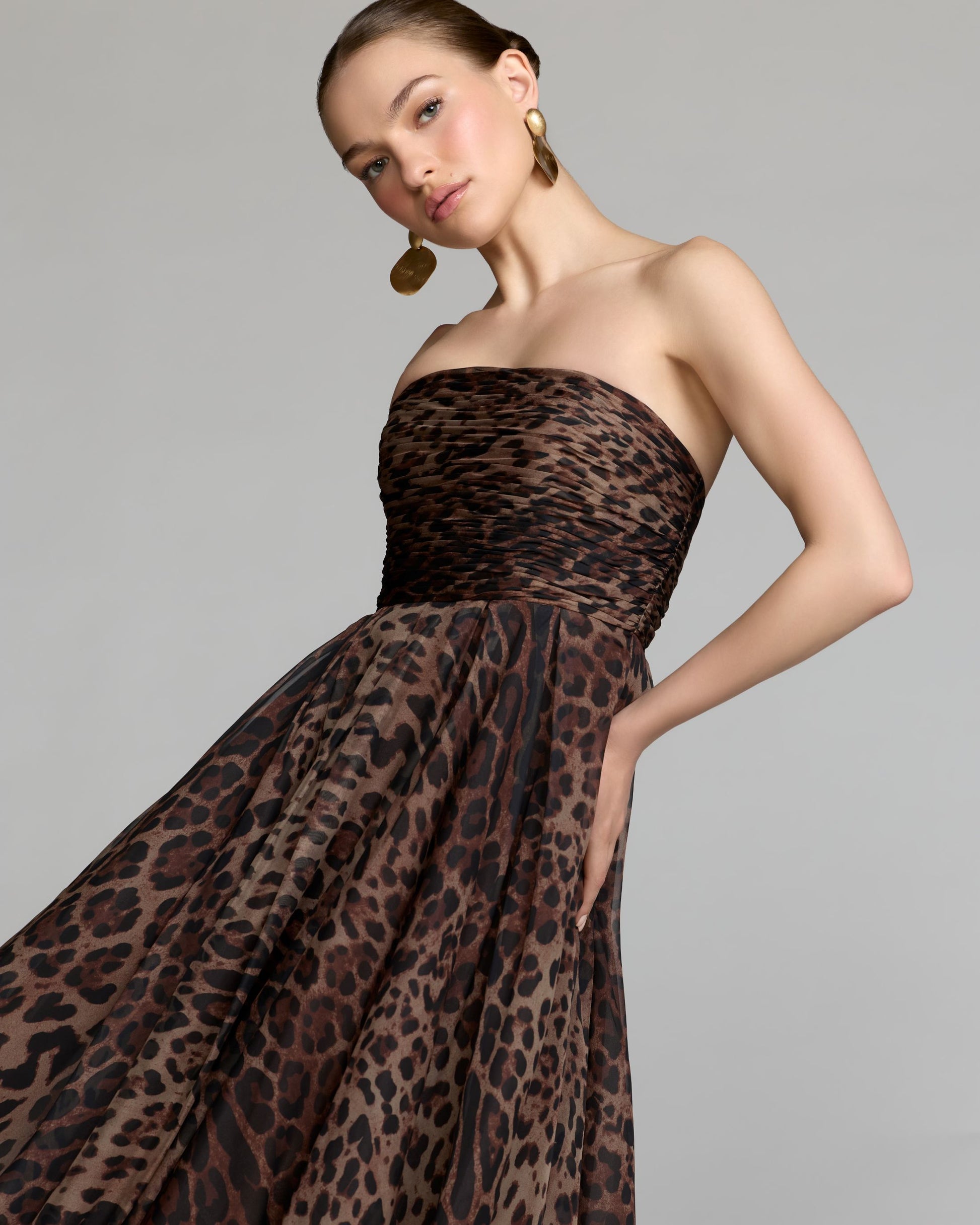 Leopard Strapless A-Line Chiffon Midi Dress - Ieena for Mac Duggal