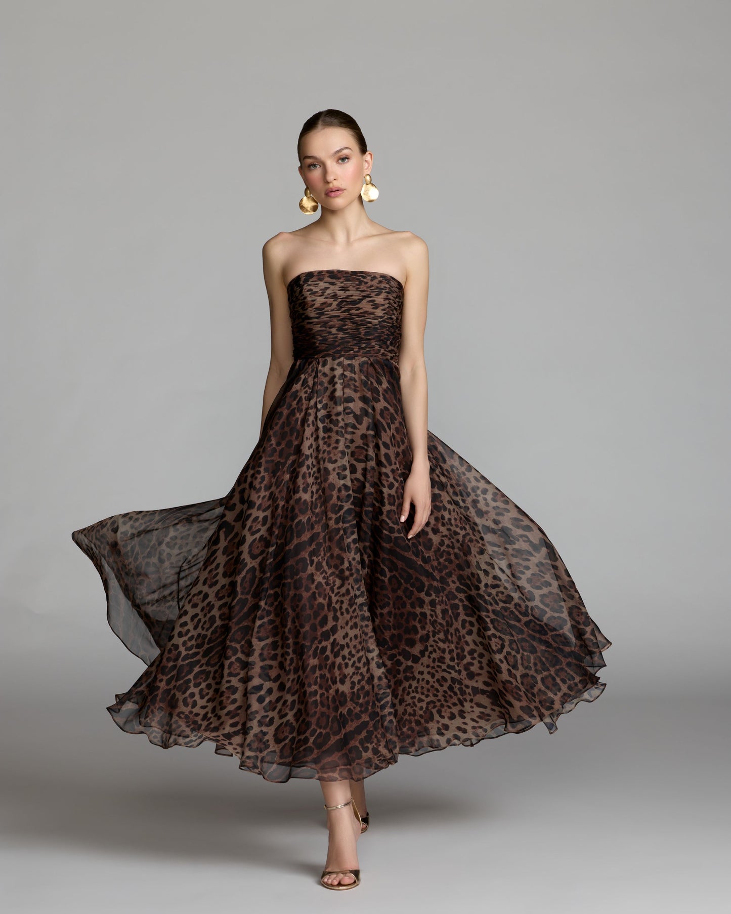 Leopard Strapless A-Line Chiffon Midi Dress - Ieena for Mac Duggal