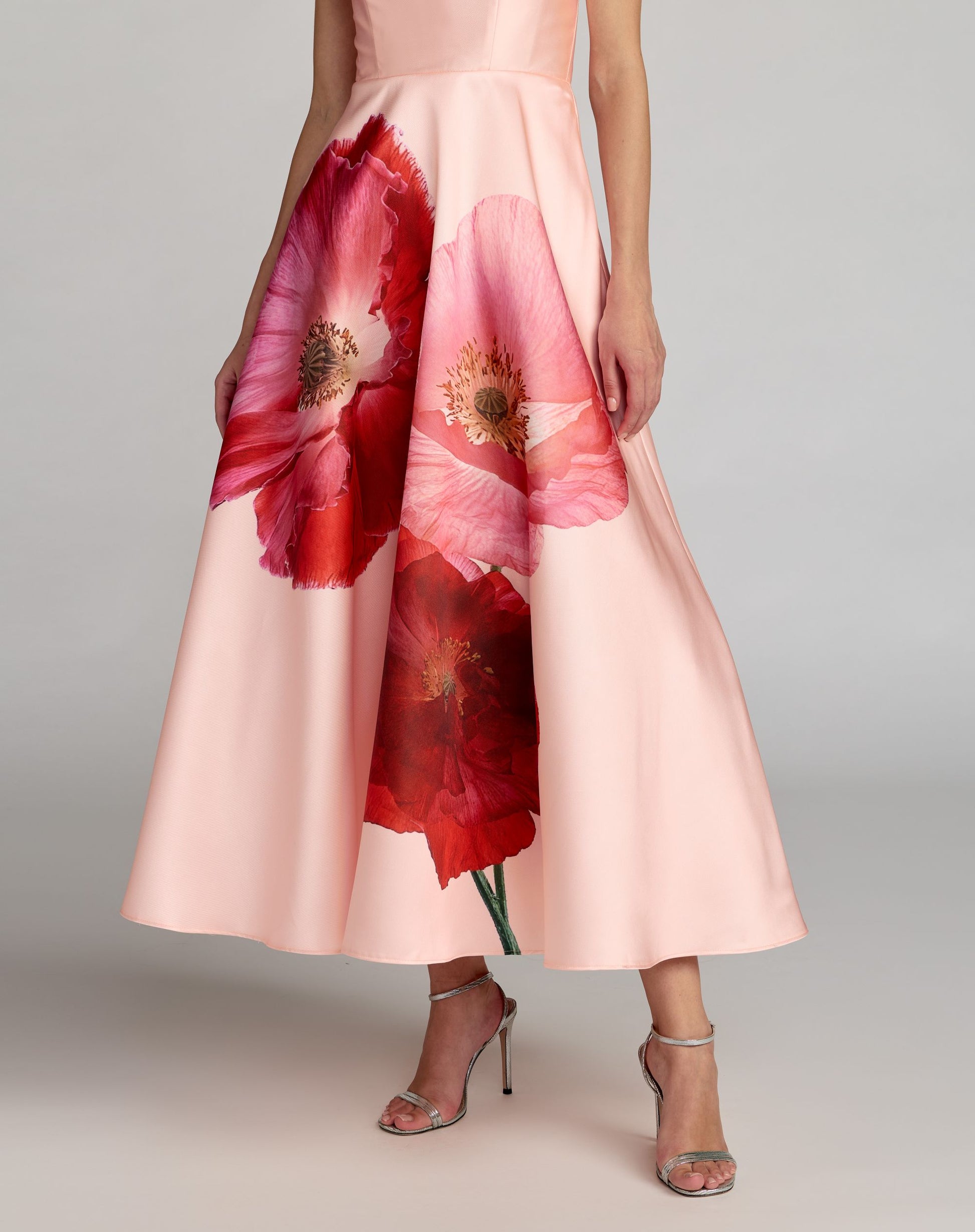 Pink Strapless A Line Midi Dress With Flower Print - Ieena for Mac Duggal