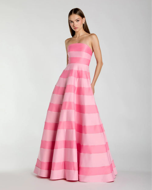 Pink Striped Strapless Satin Ballgown with Pockets Ieena for Mac Duggal
