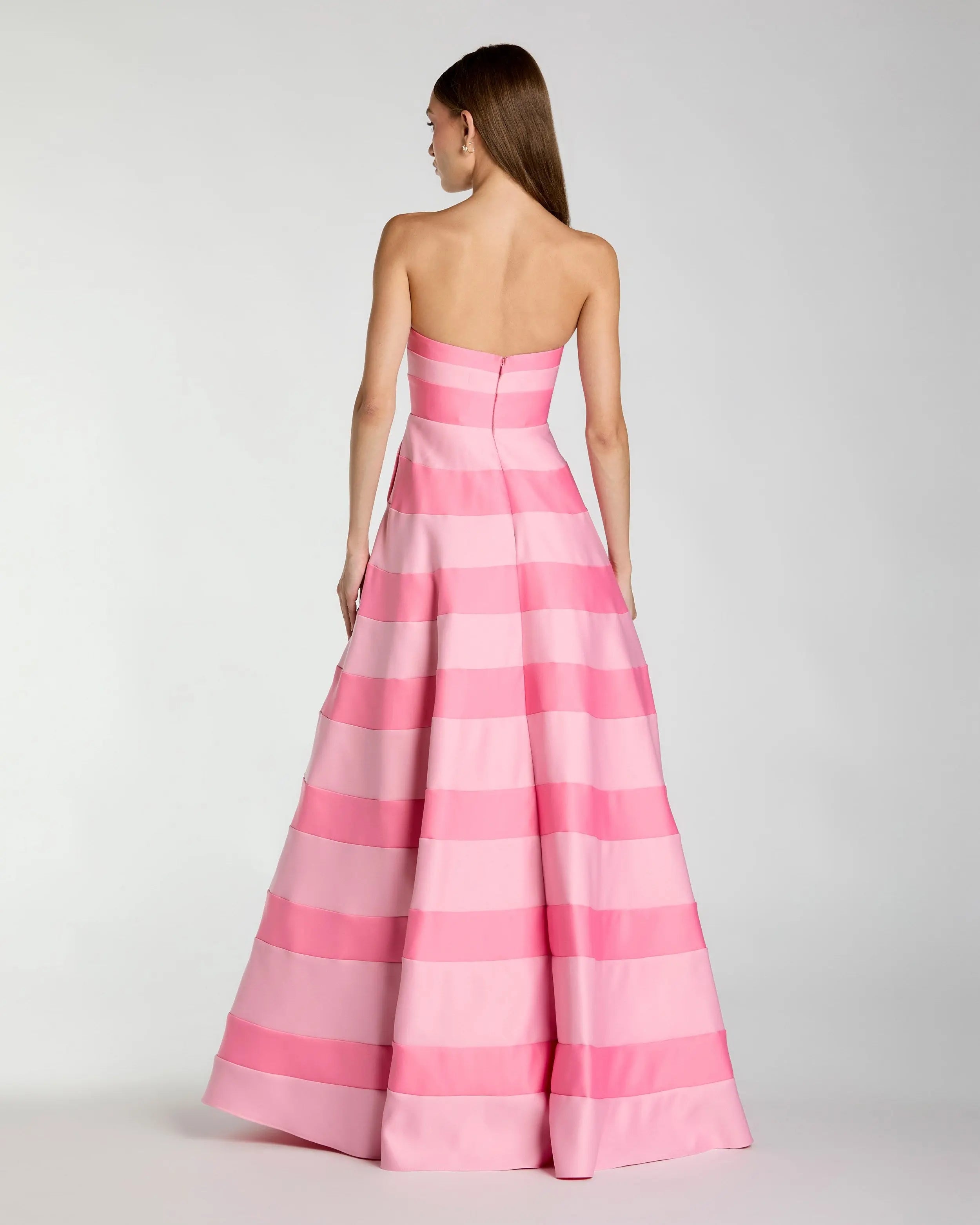 Pink Striped Strapless Satin Ballgown with Pockets Ieena for Mac Duggal