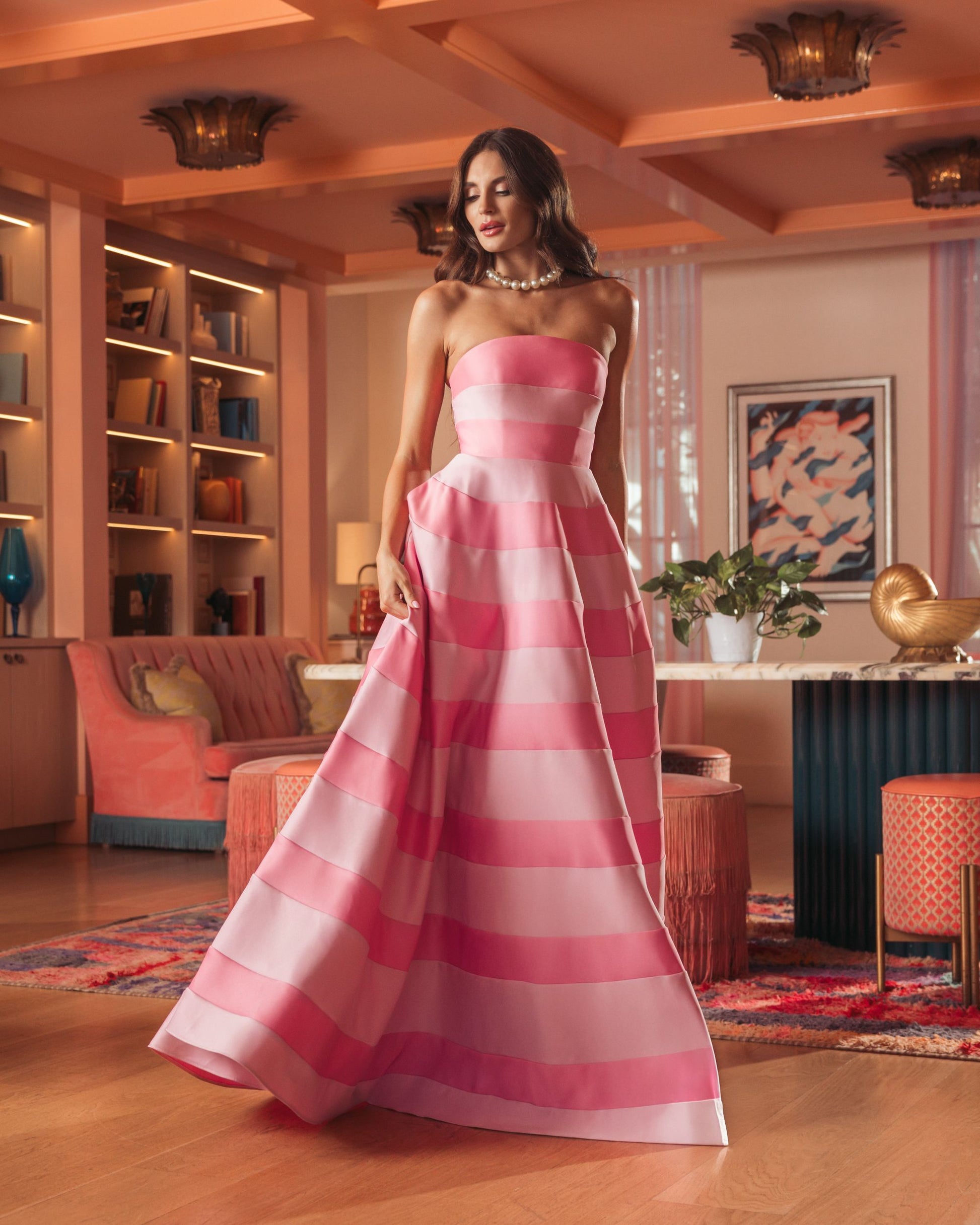 Pink Striped Strapless Satin Ballgown with Pockets Ieena for Mac Duggal