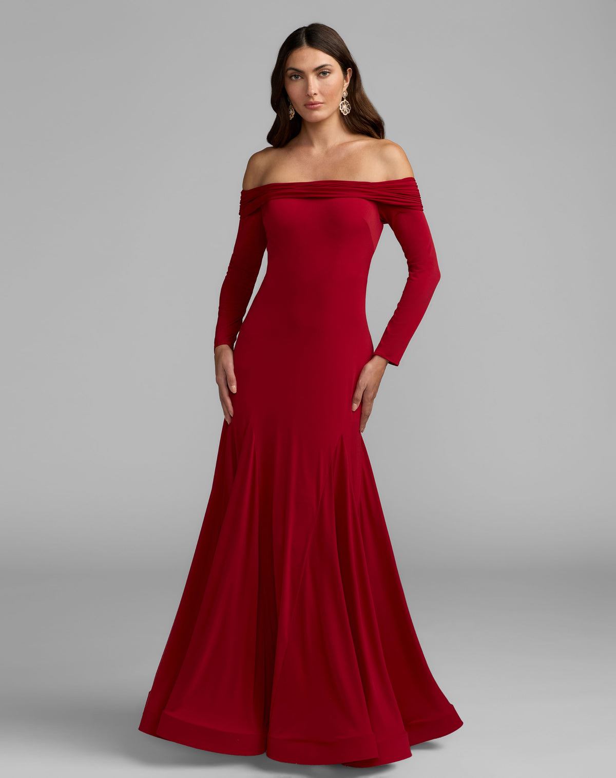 Red Off The Shoulder Long Sleeve Trumpet Gown - Ieena for Mac Duggal