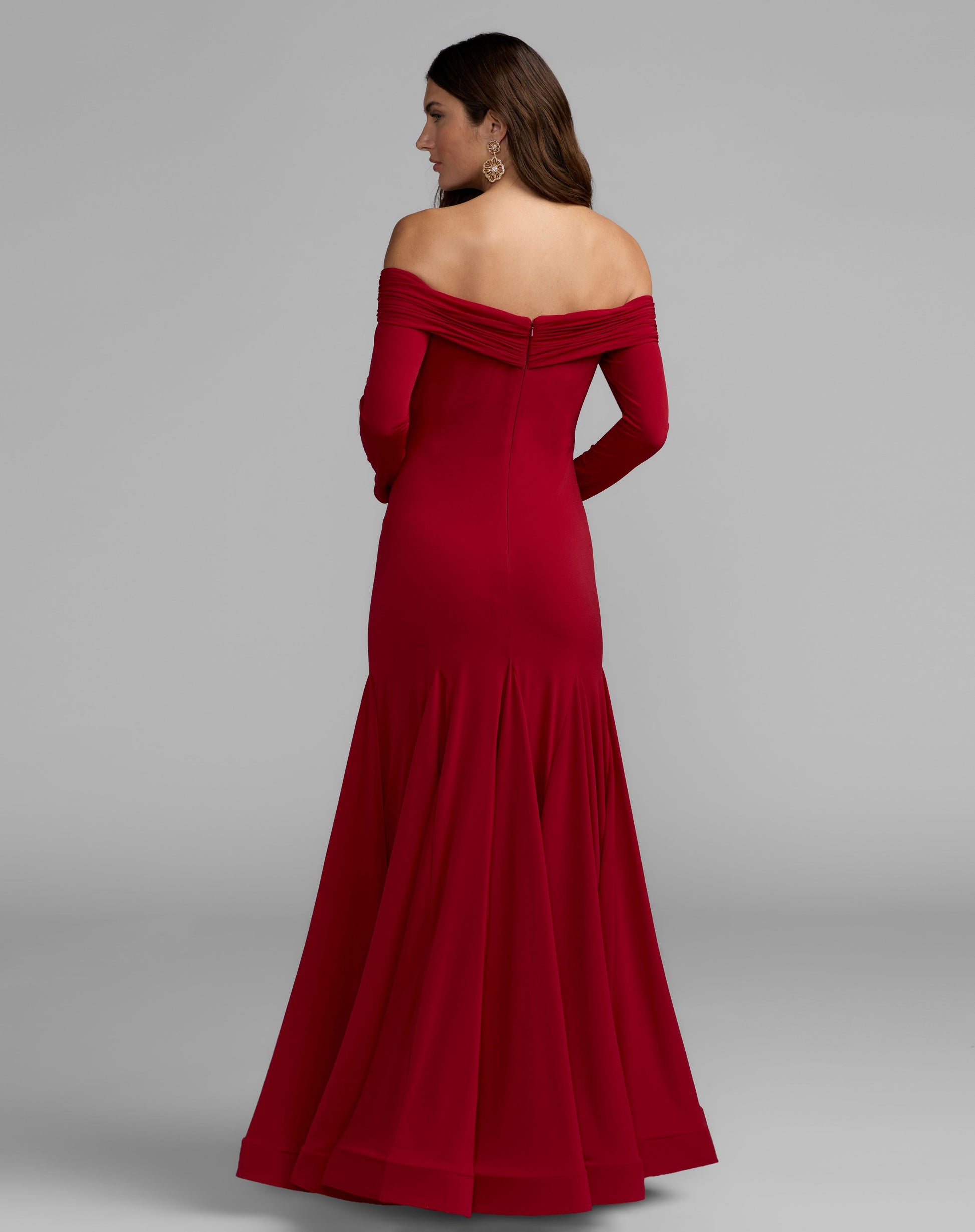 Red Off The Shoulder Long Sleeve Trumpet Gown - Ieena for Mac Duggal