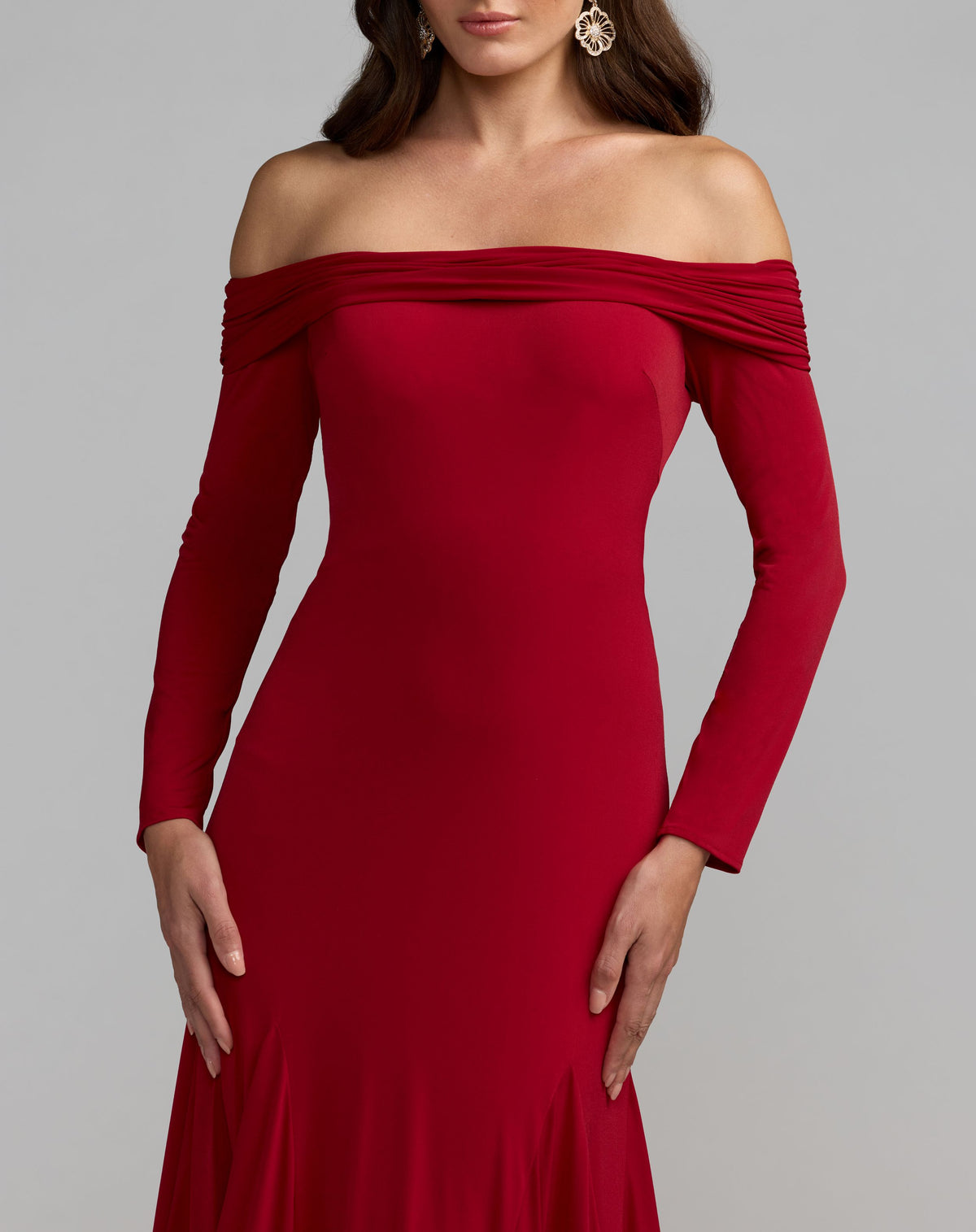 Red Off The Shoulder Long Sleeve Trumpet Gown - Ieena for Mac Duggal