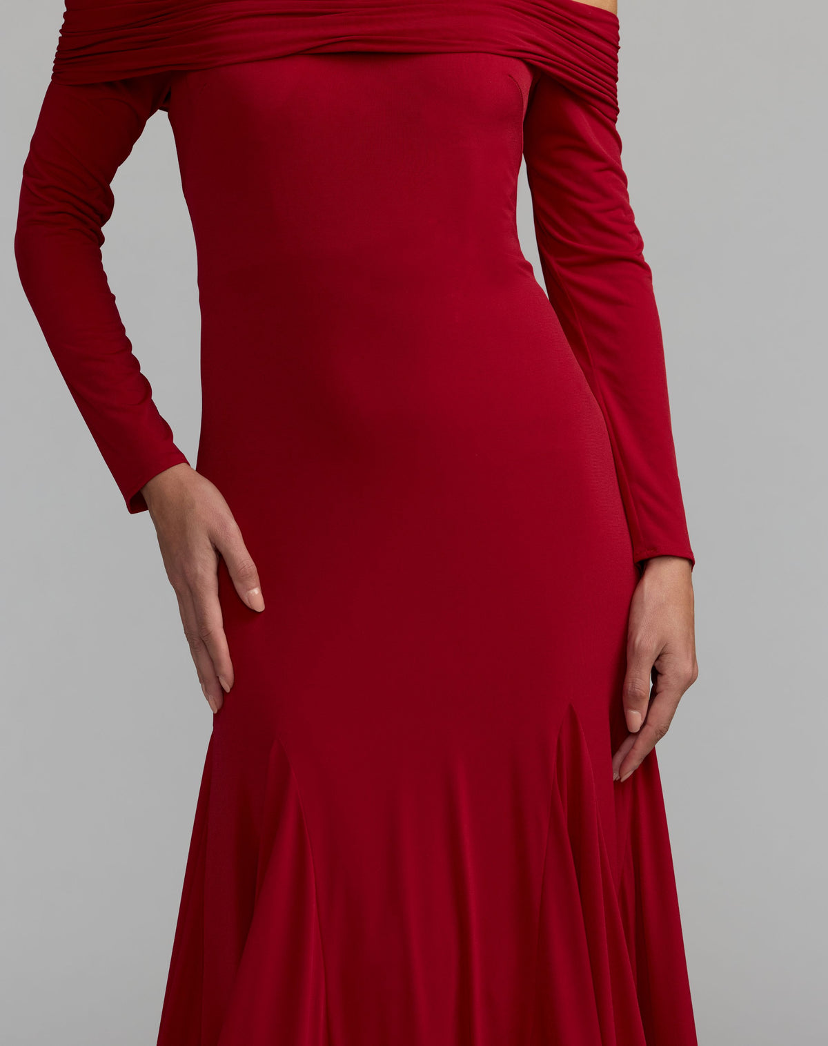 Red Off The Shoulder Long Sleeve Trumpet Gown - Ieena for Mac Duggal