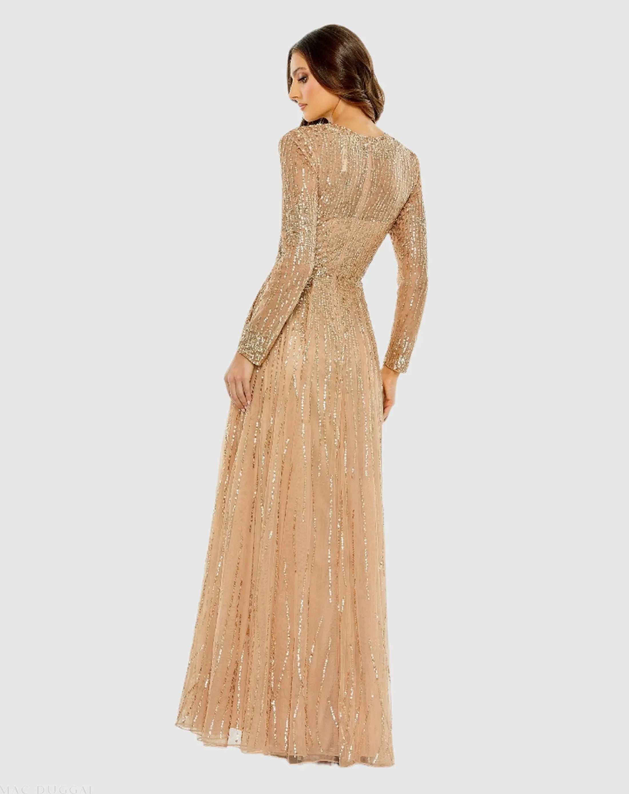 Beige Sequined Illusion High Neck Long Sleeve Gown - Mac Duggal