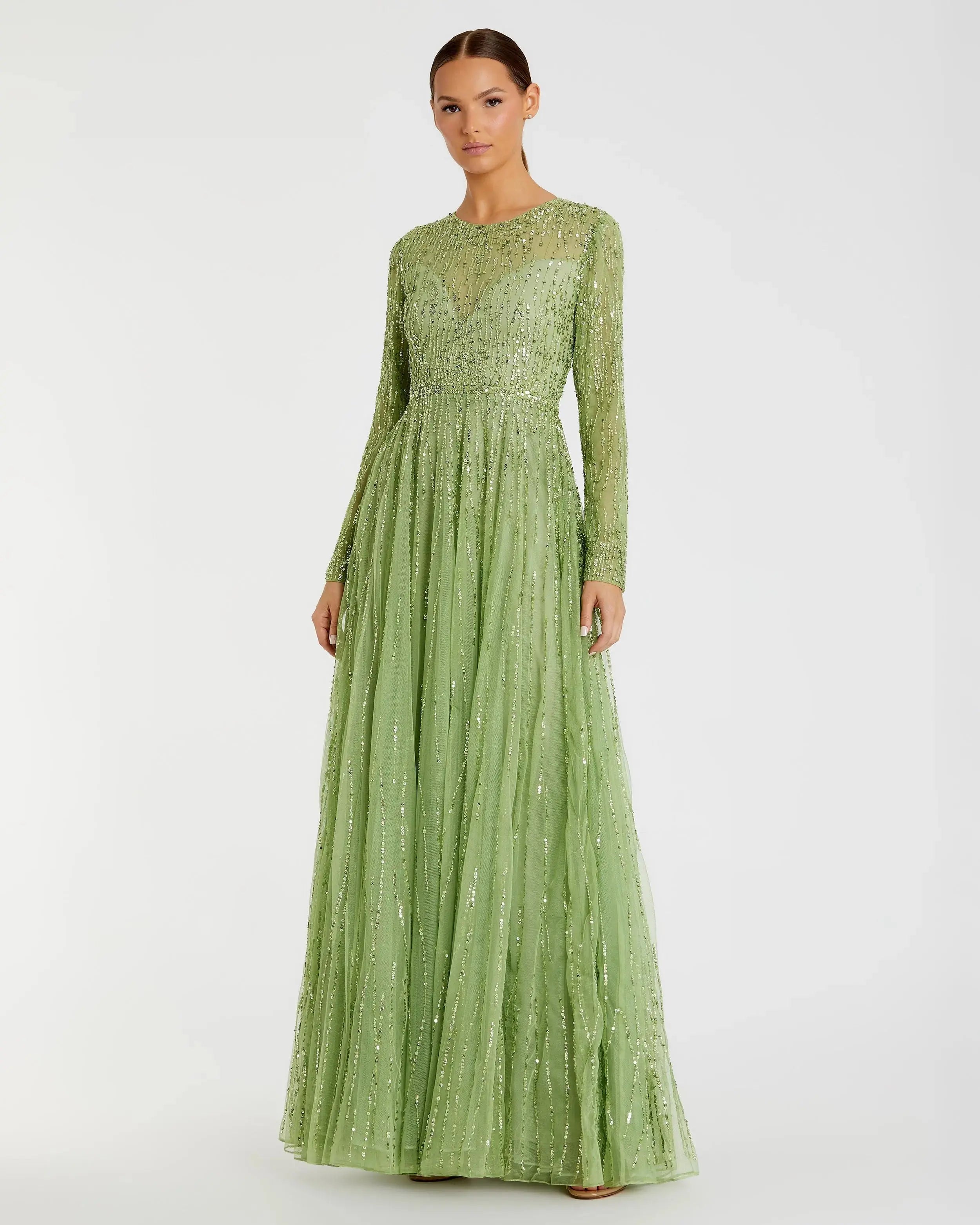 Green Illusion High Neck Long Sleeve Embellished Gown - Mac Duggal