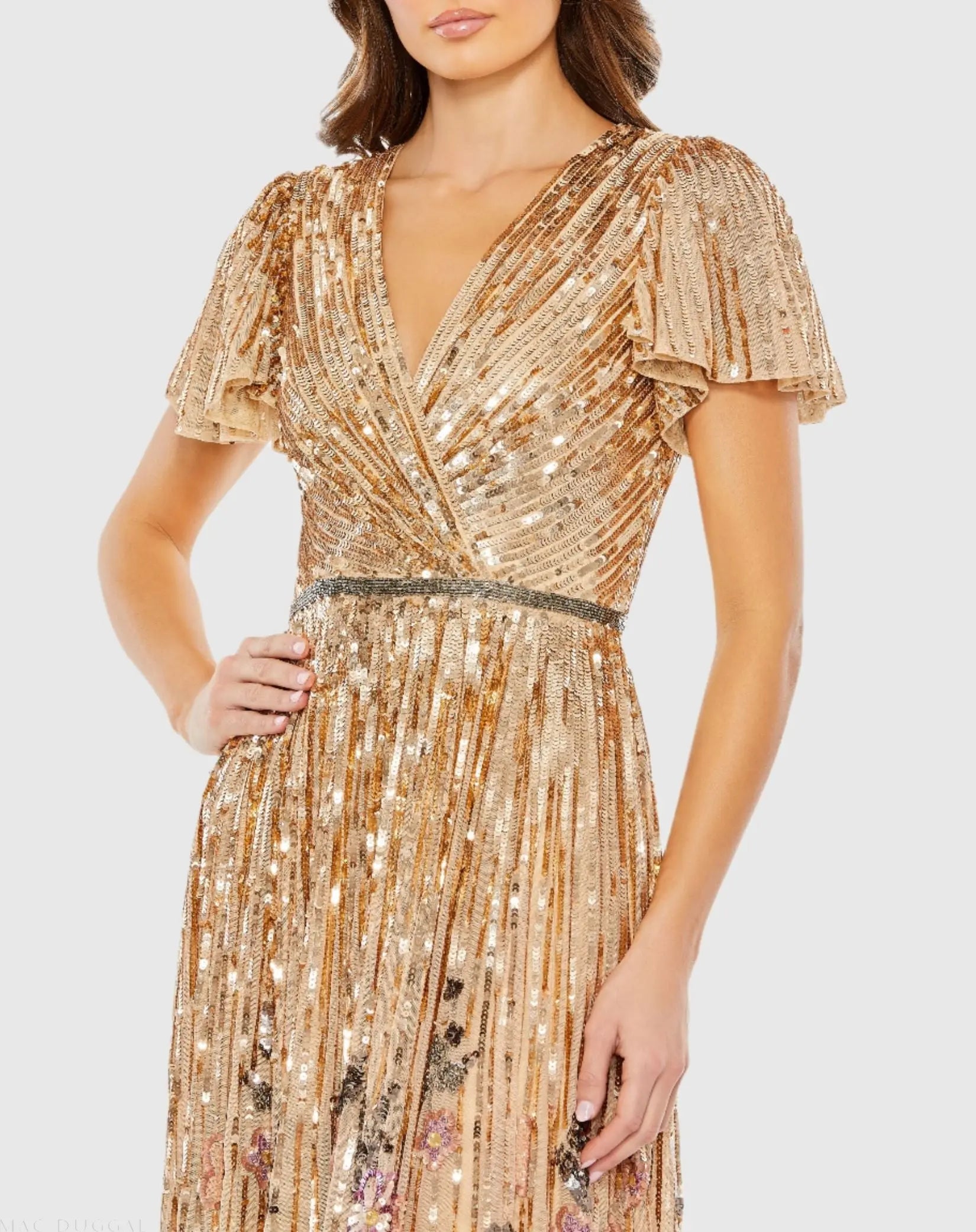 Gold Flounce Sleeve V Neck Gown - Mac Duggal