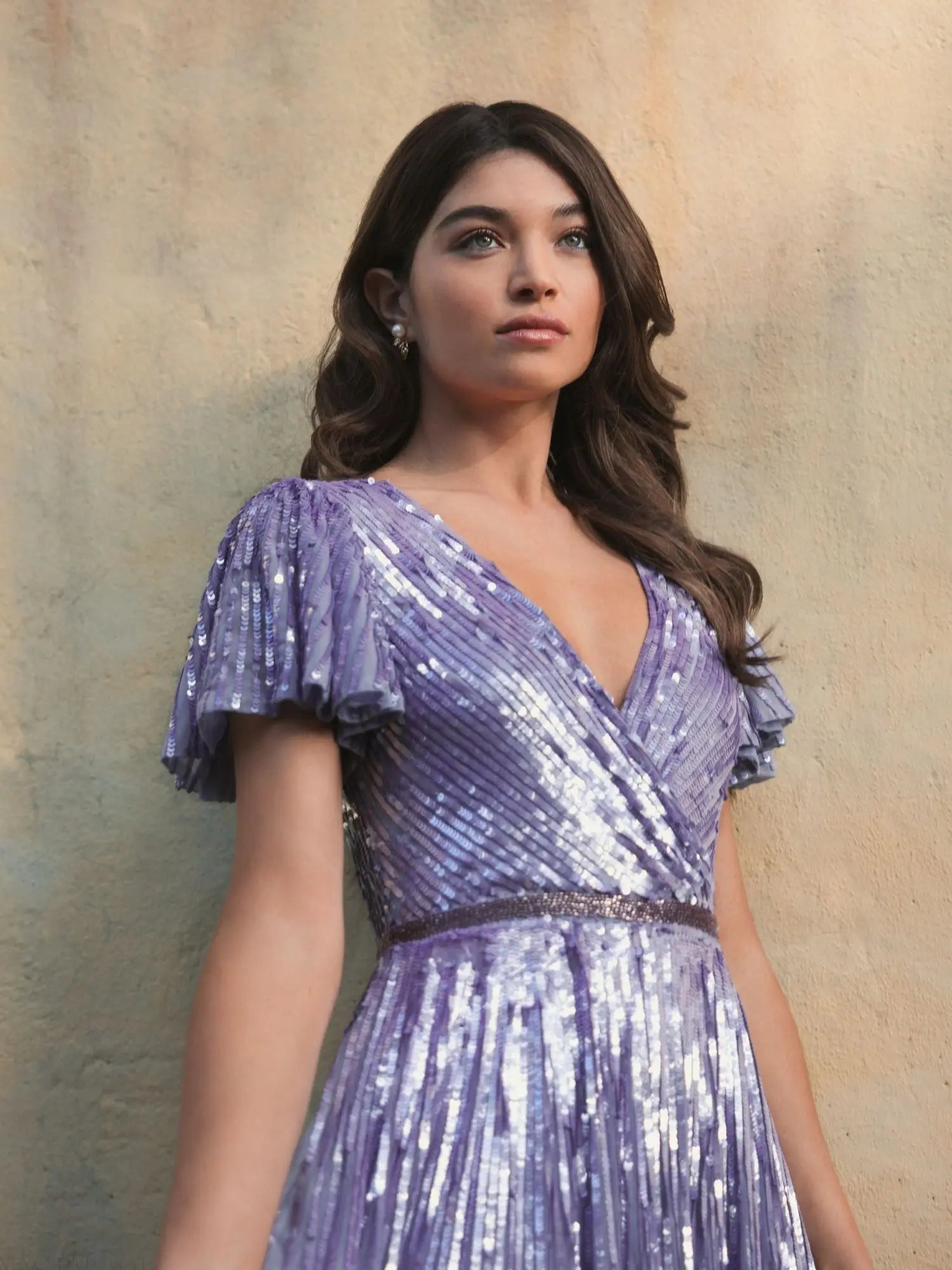 Floral Sequins Flounce Sleeve V Neck Dress Mac Duggal Floral Sequins Flounce Sleeve V Neck Dress Mac Duggal