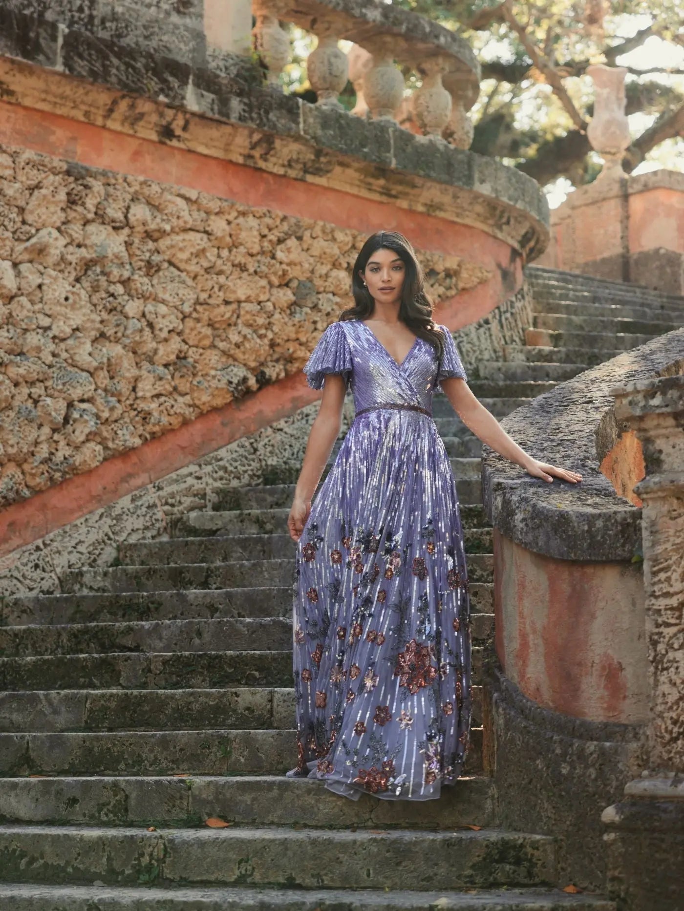 Purple Flounce Sleeve V Neck Gown - Mac Duggal