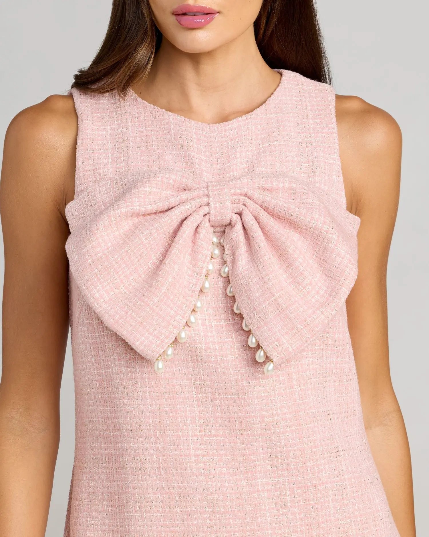 Boucle Pearl Detail A Line Mini Dress With Bow