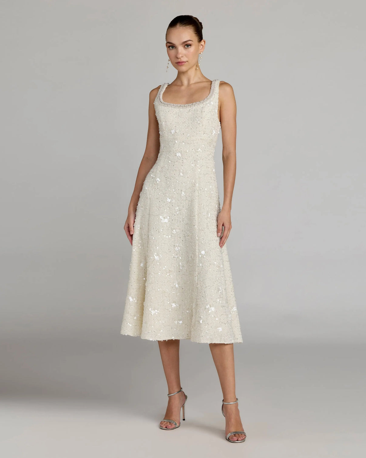 Ivory Embellished Boucle Sleeveless A-Line Midi Dress