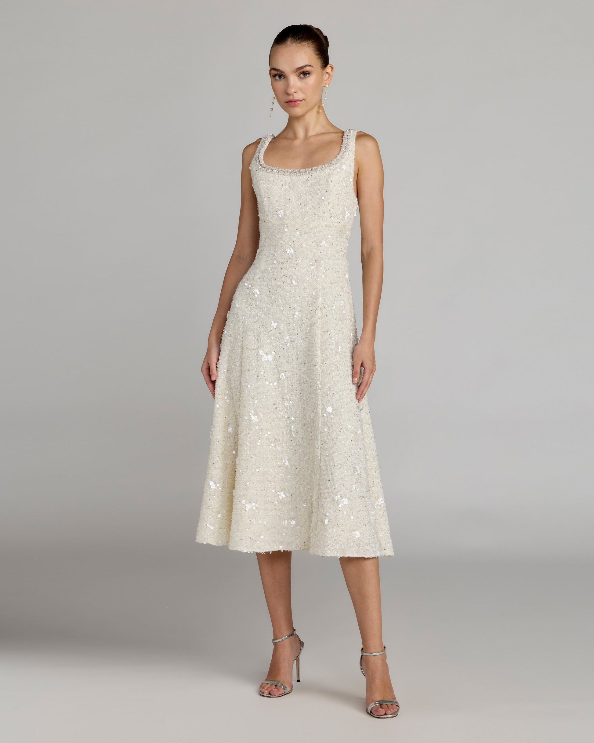 Ivory Bouclé Embellished Midi Dress Ieena for Mac Duggal