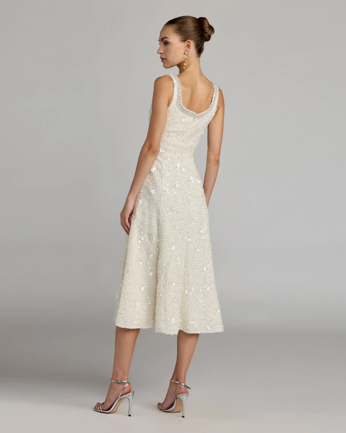 Ivory Embellished Boucle Sleeveless A-Line Midi Dress