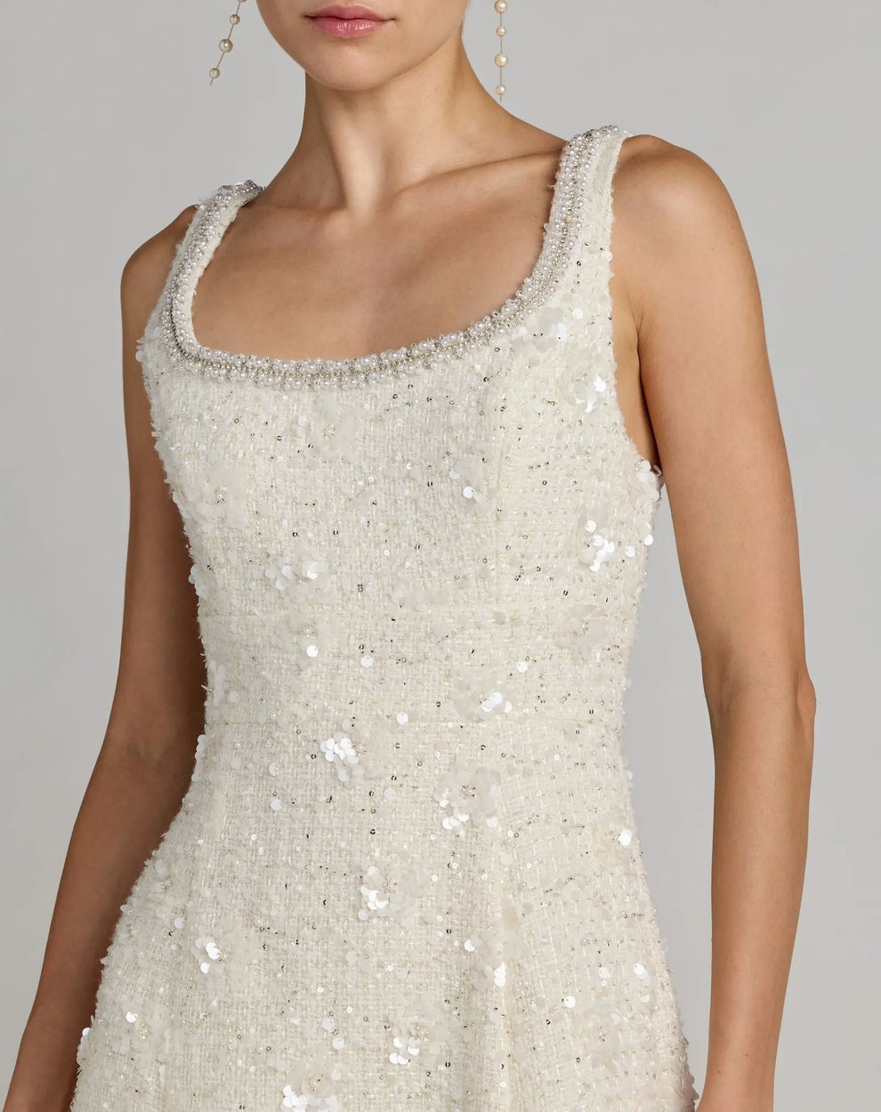 Ivory Embellished Boucle Sleeveless A-Line Midi Dress