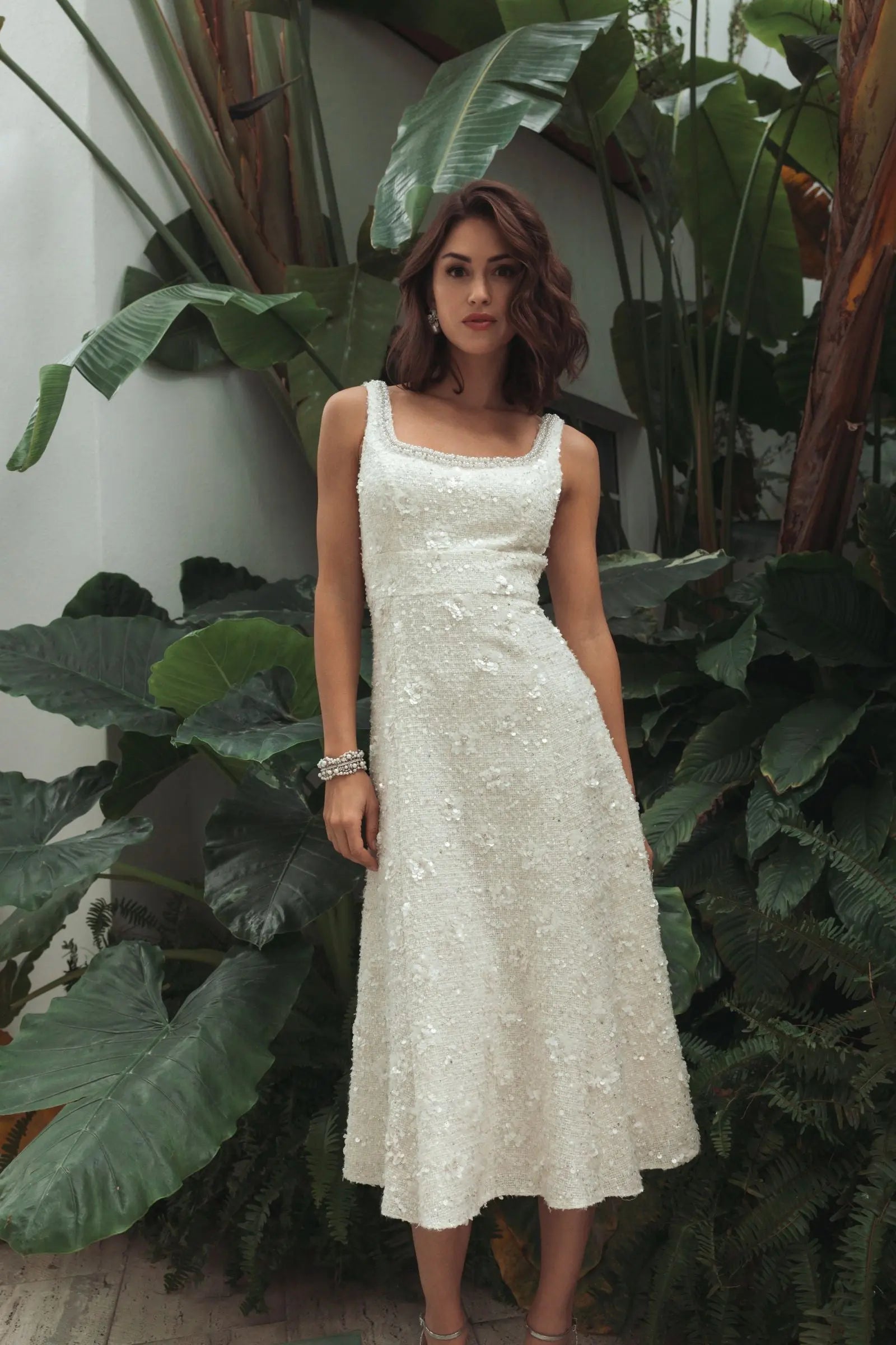 Ivory Embellished Boucle Sleeveless A-Line Midi Dress