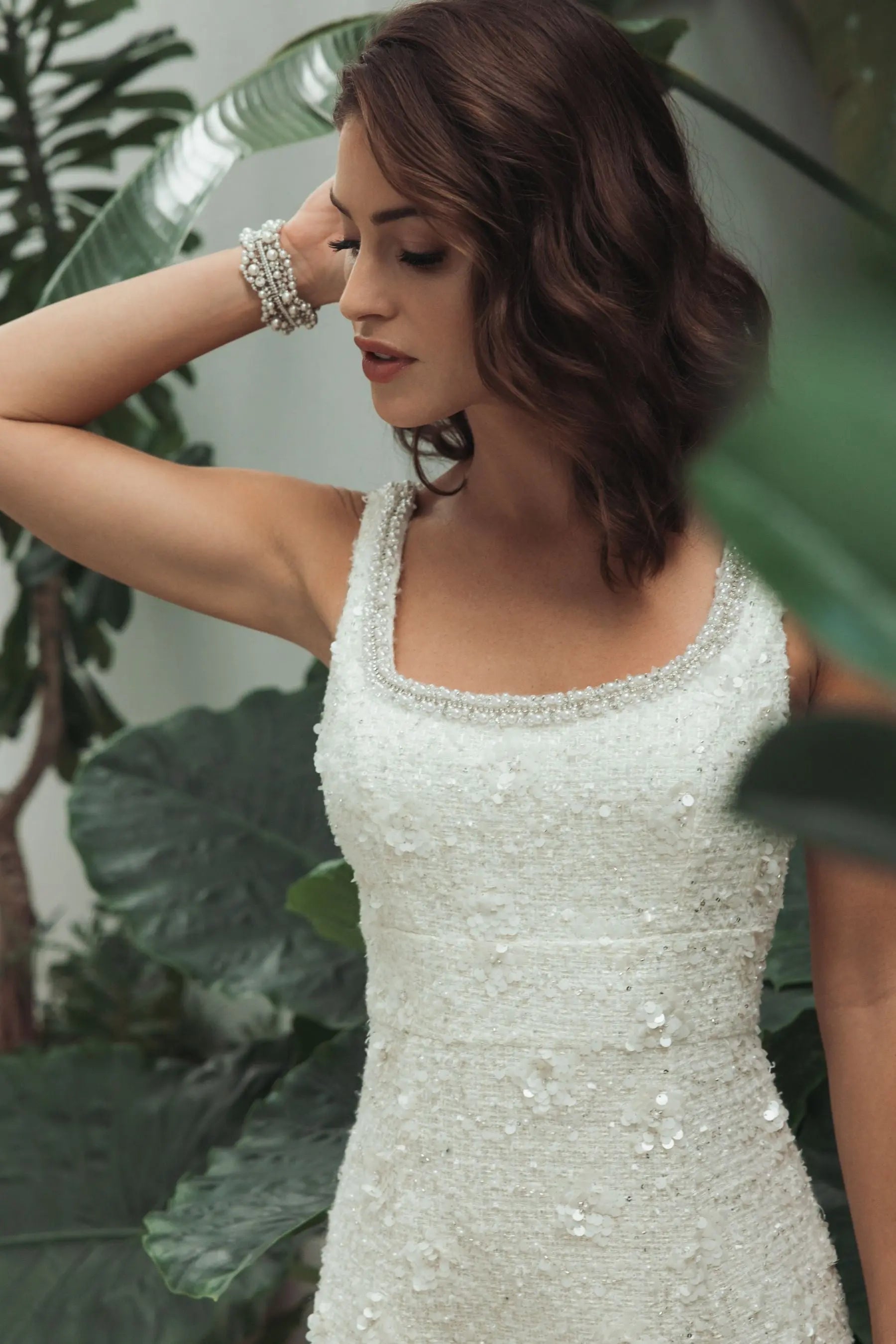 Ivory Embellished Boucle Midi Dress Ieena for Mac Duggal