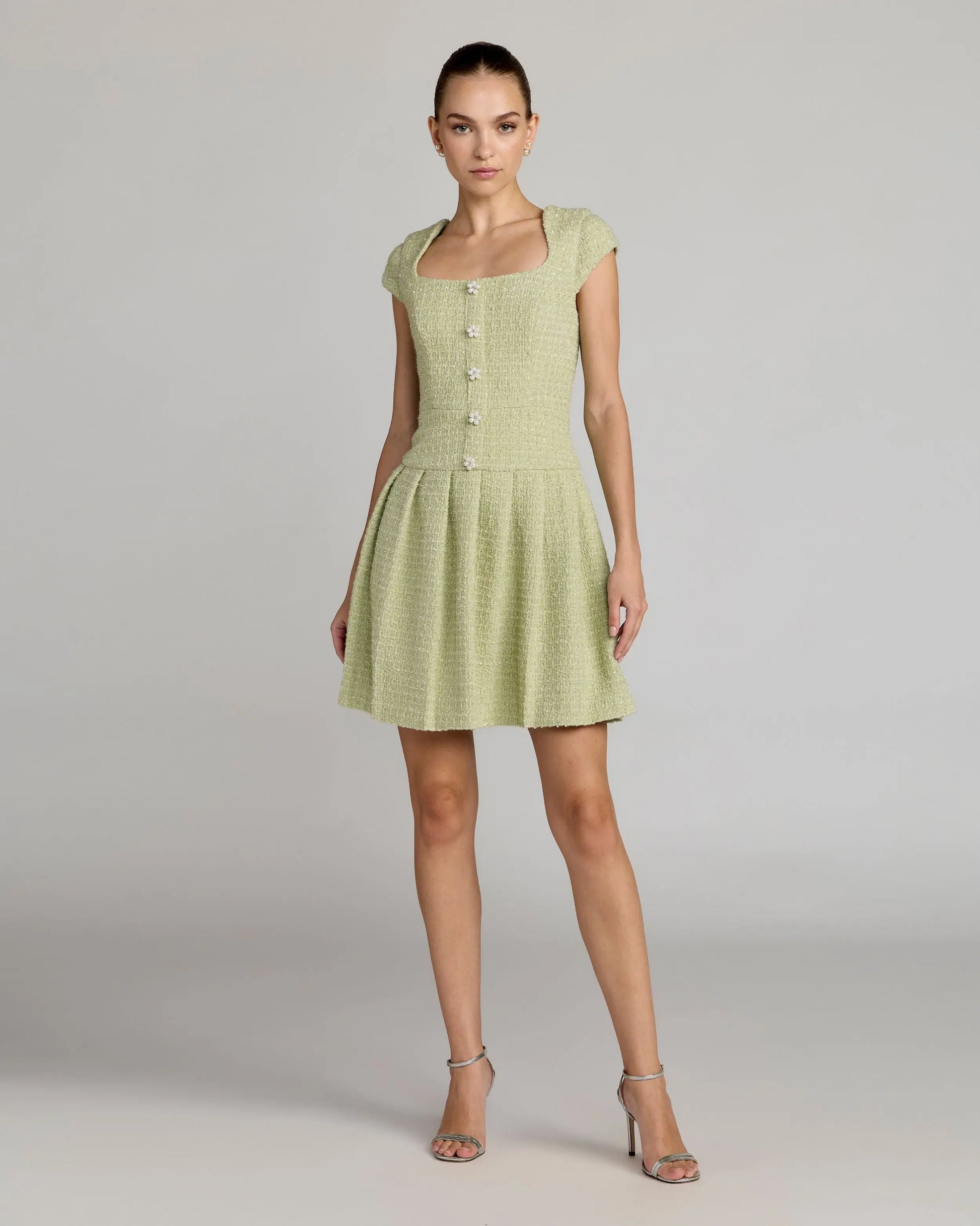 Green Tweed Cap Sleeve Pleated Mini Dress | Mac Duggal Green Tweed Cap Sleeve Pleated Mini Dress | Mac Duggal
