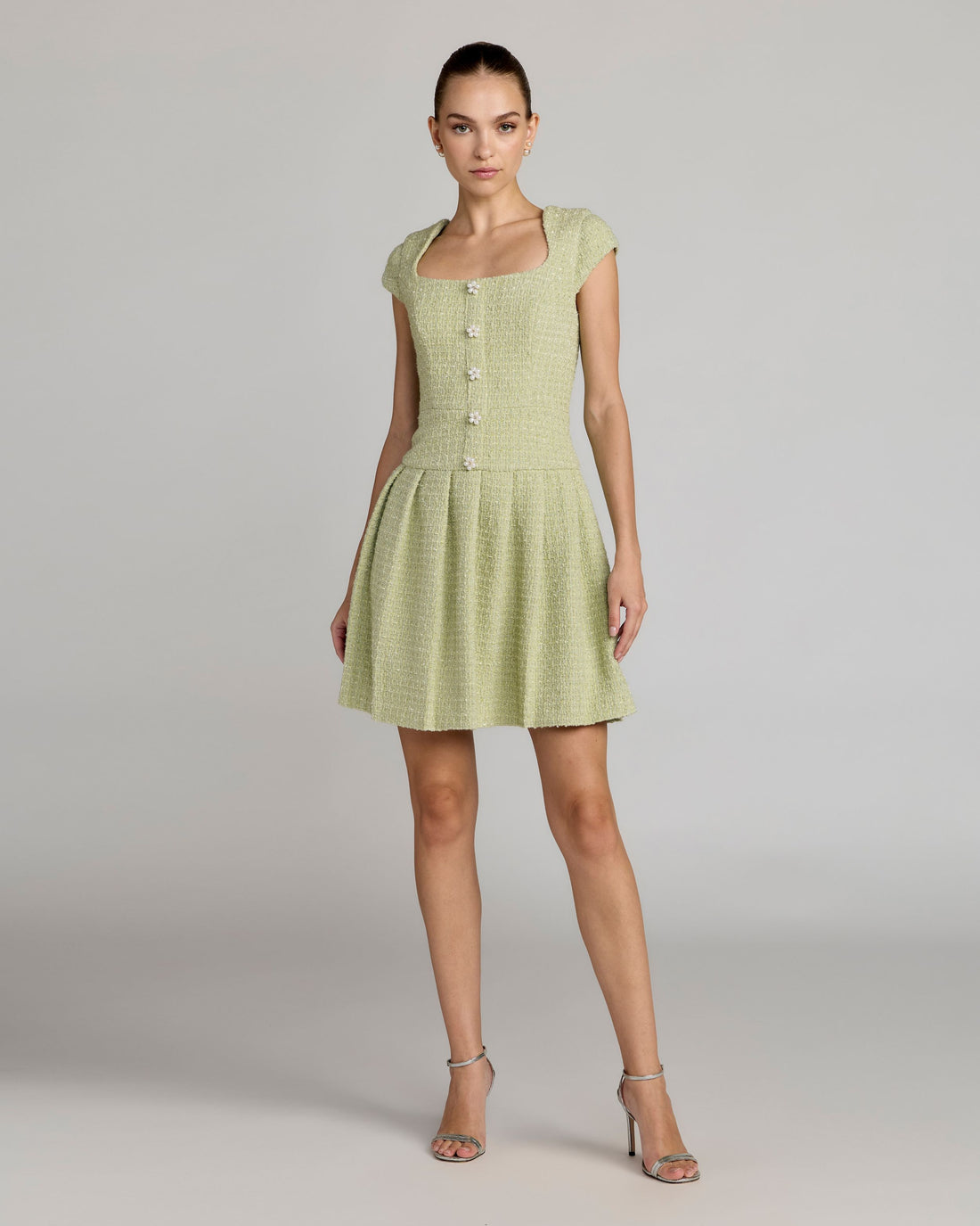Green Tweed Cap Sleeve Pleated Mini Dress ieena for Mac Duggal