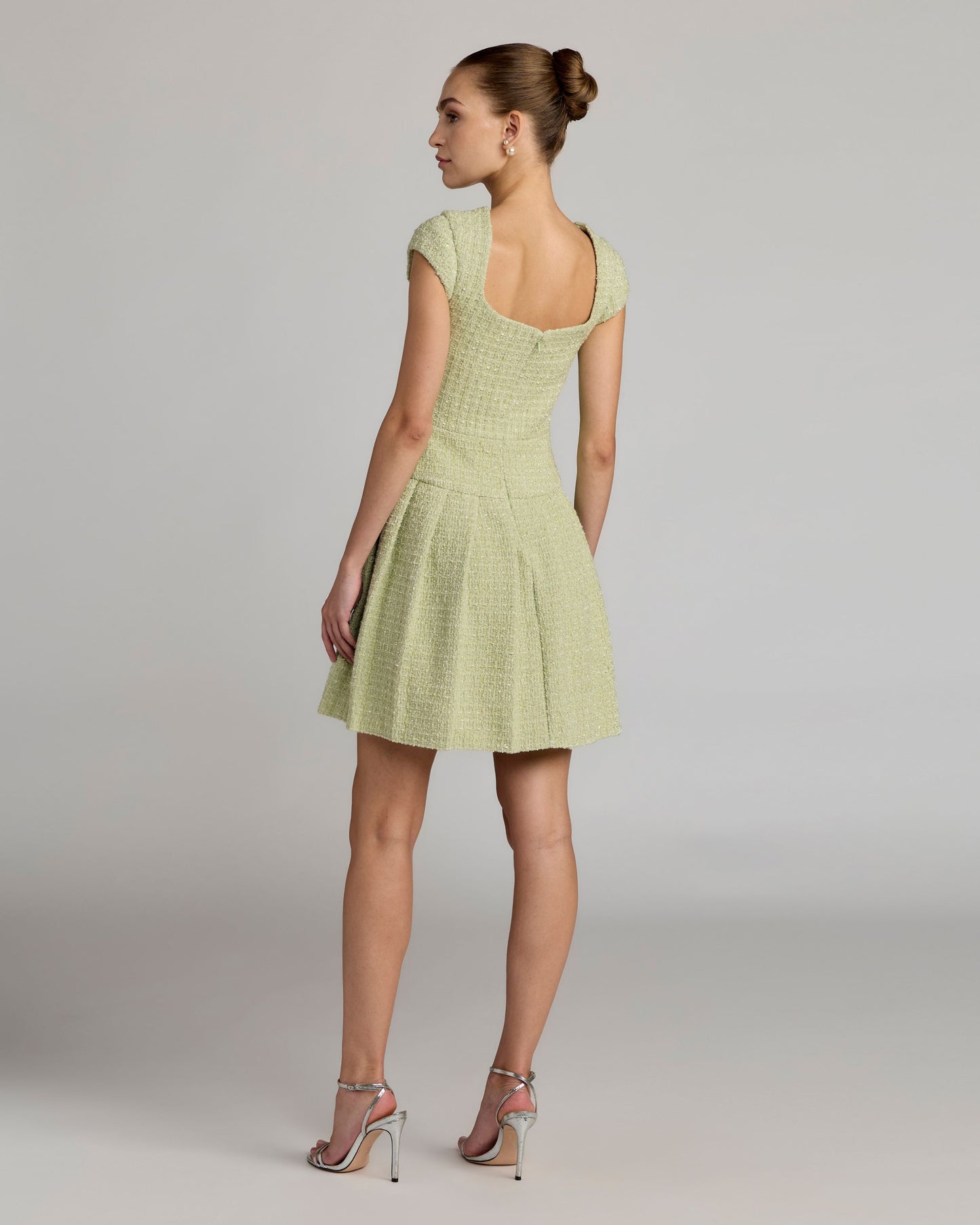 Green Tweed Cap Sleeve Pleated Mini Dress ieena for Mac Duggal