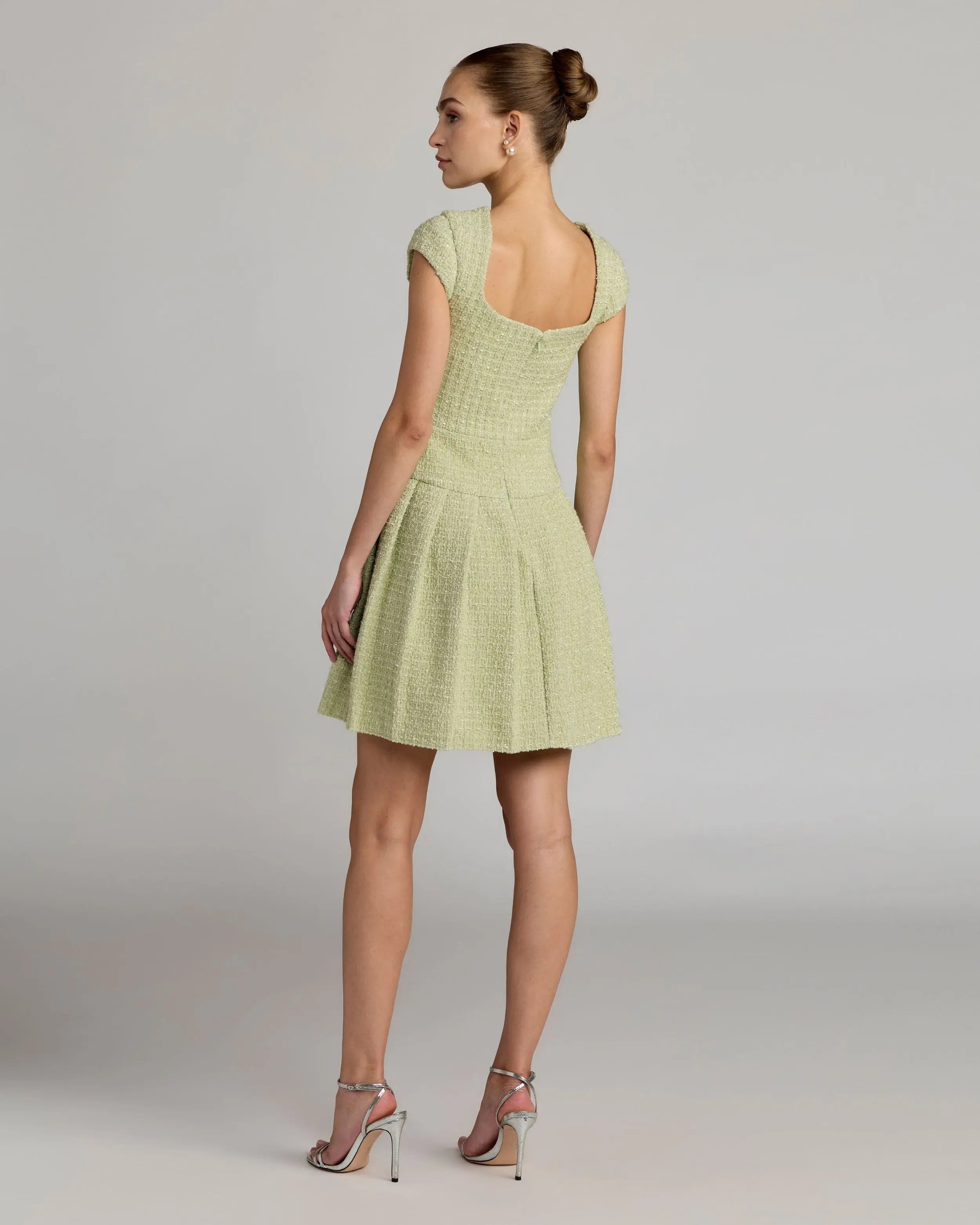 Green Tweed Cap Sleeve Pleated Mini Dress ieena for Mac Duggal