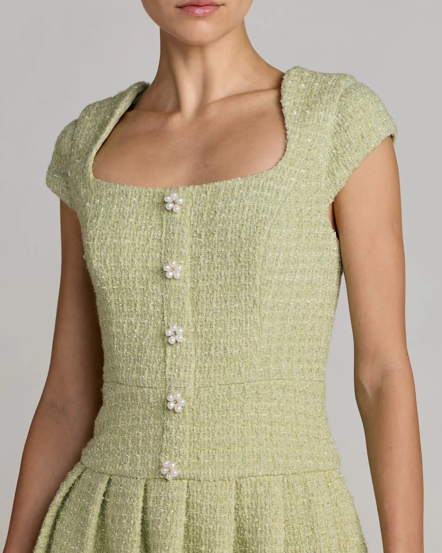 Mac Duggal Women's Boucle Cap Sleeve Pleated Skirt Mini Dress - Sage Mac Duggal Women's Boucle Cap Sleeve Pleated Skirt Mini Dress - Sage