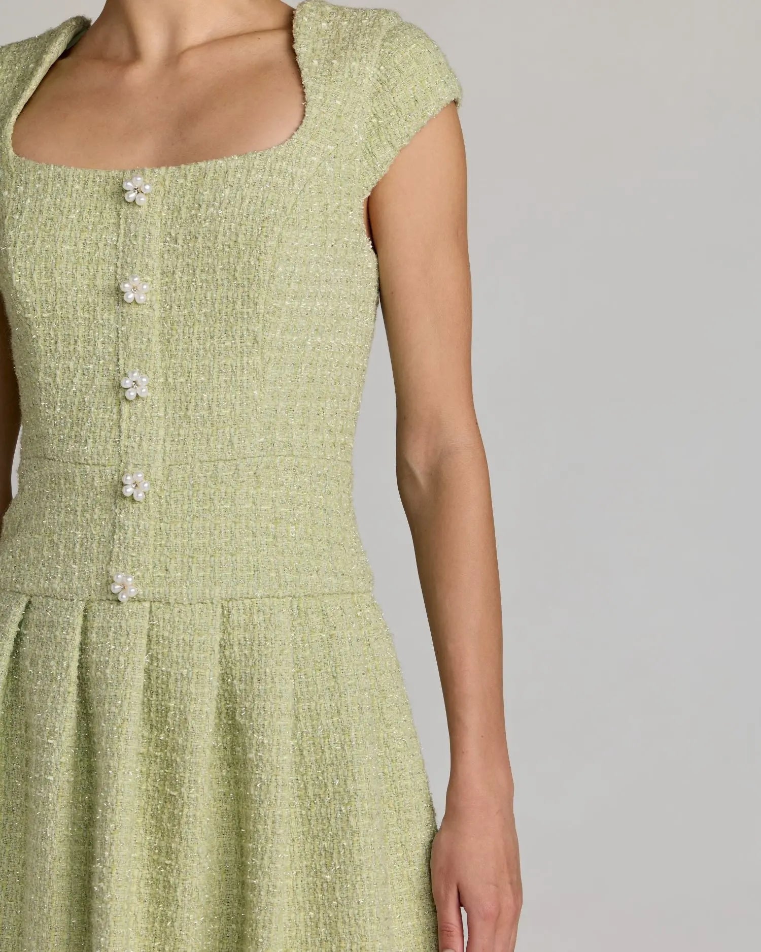 Green Tweed Cap Sleeve Pleated Mini Dress Green Tweed Cap Sleeve Pleated Mini Dress