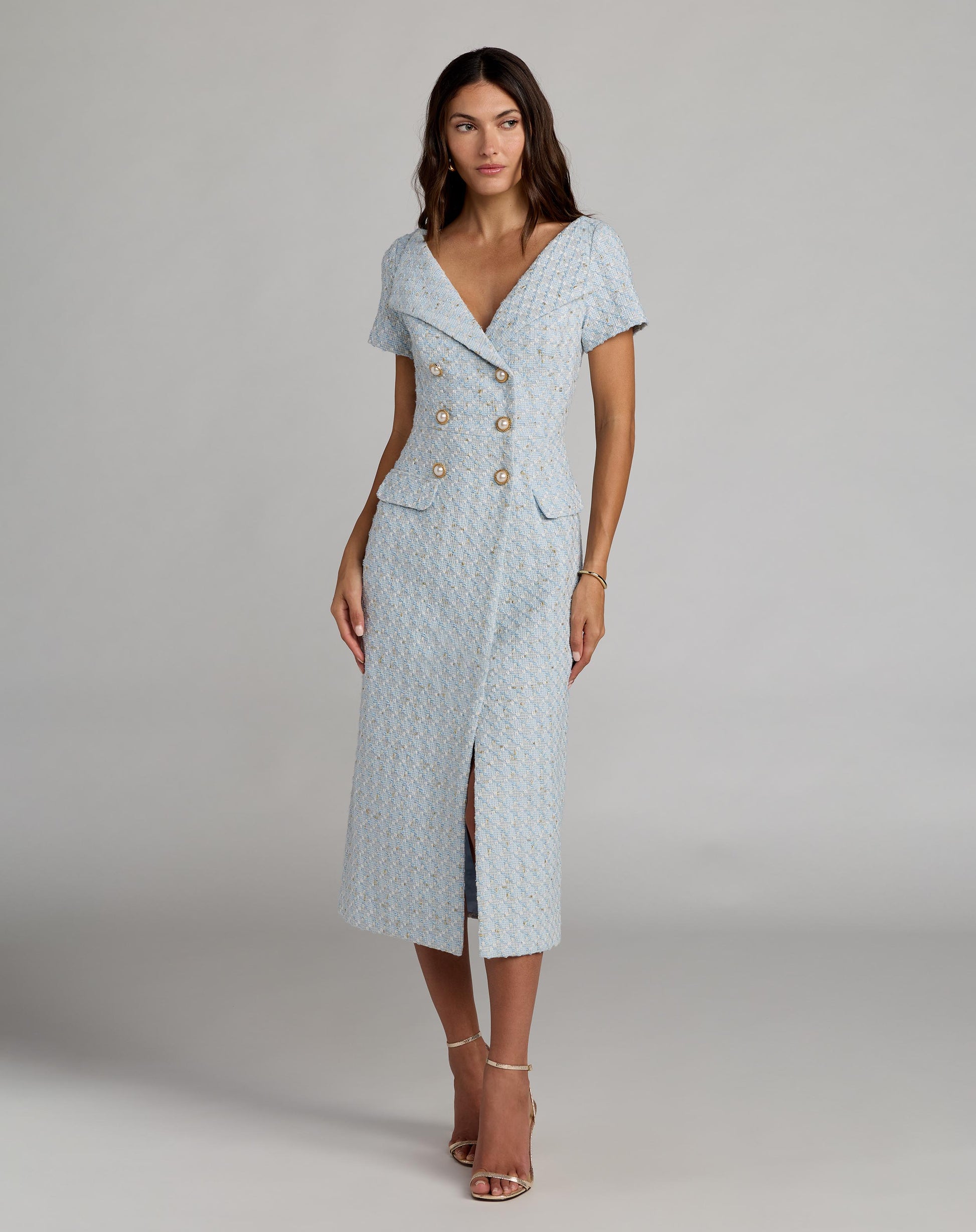 Blue Boucle Cap Sleeve Fitted Midi Dress Ieena for Mac Duggal