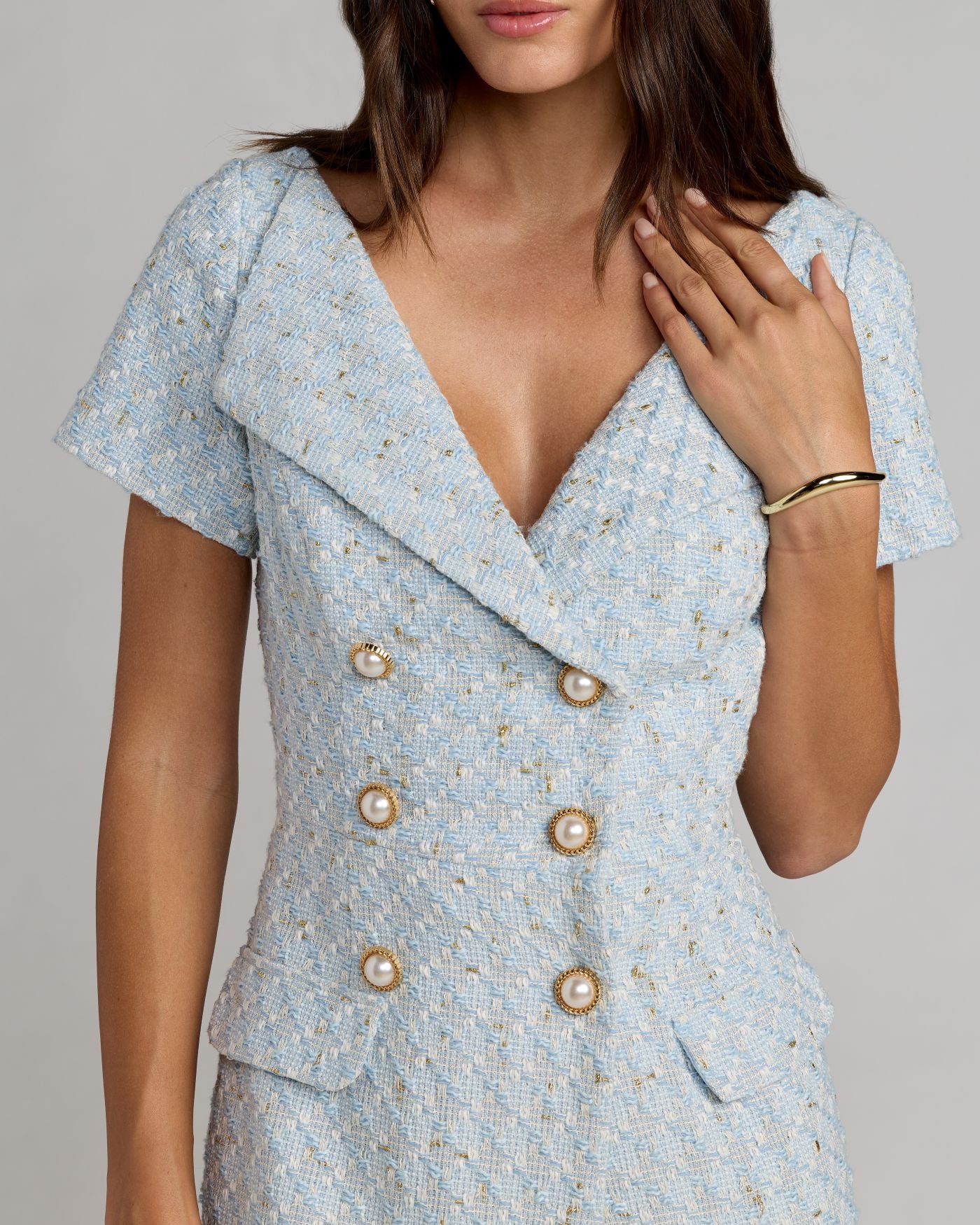 Blue Boucle Cap Sleeve Fitted Midi Dress Ieena for Mac Duggal