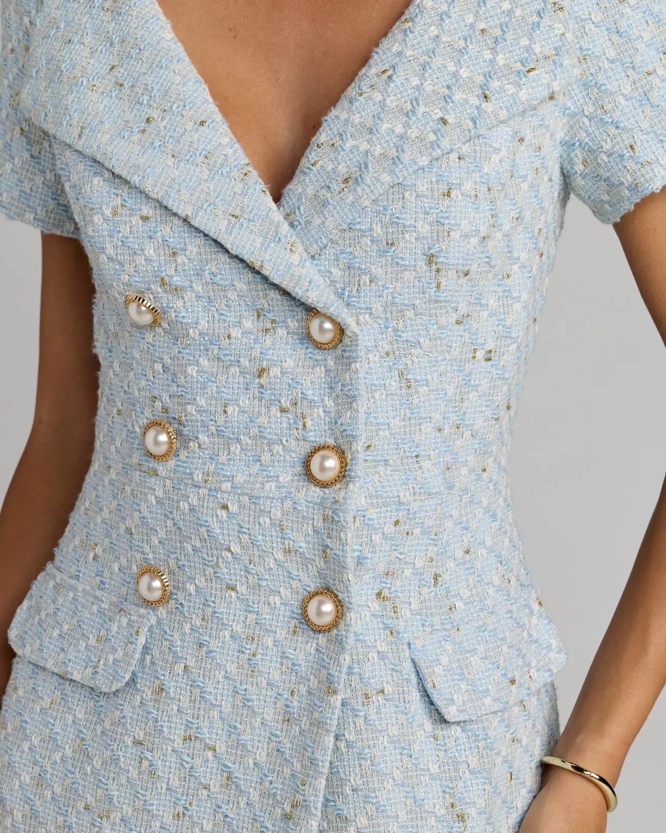 Blue Boucle Cap Sleeve Fitted Midi Dress Ieena for Mac Duggal