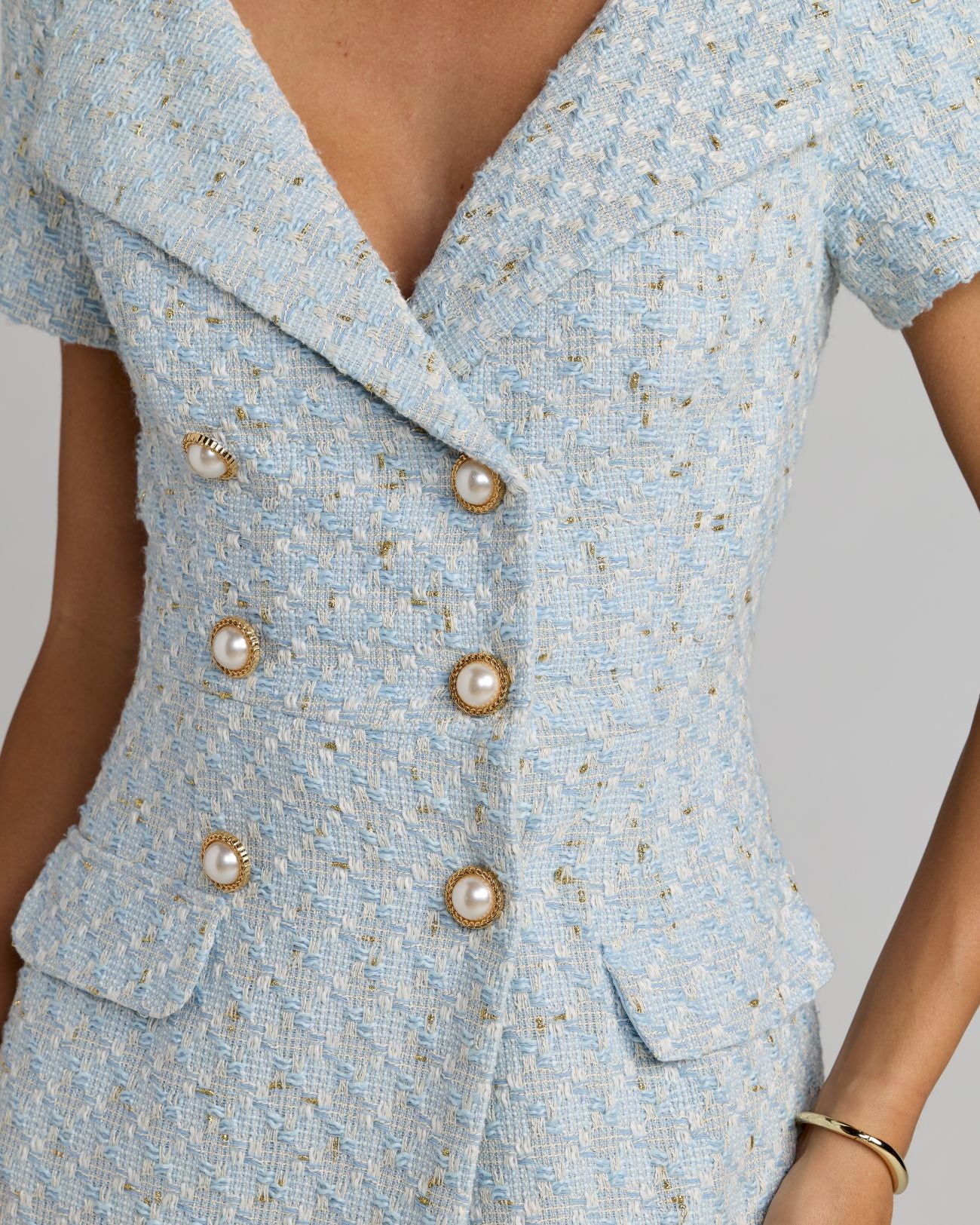 Blue Boucle Cap Sleeve Fitted Midi Dress Ieena for Mac Duggal