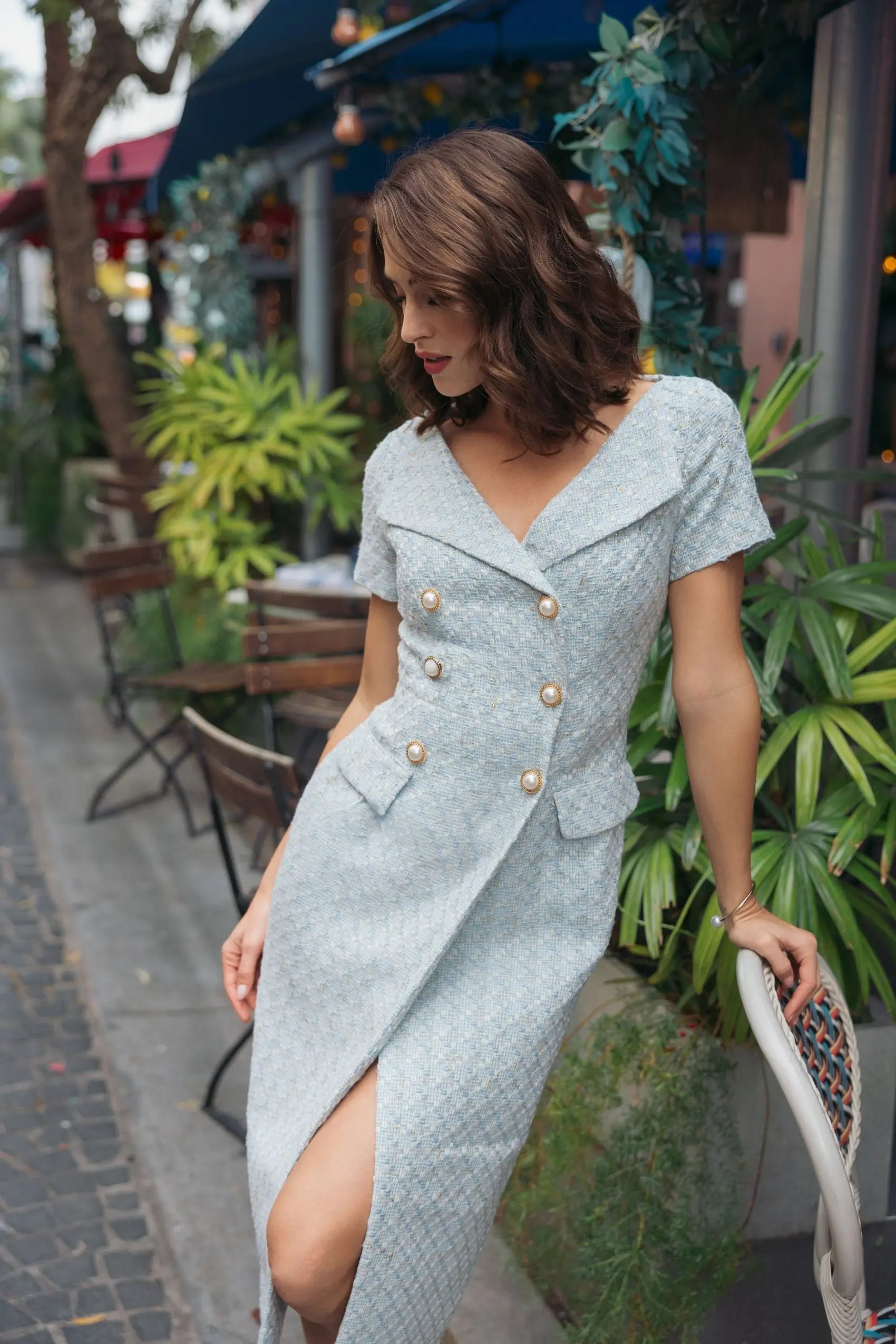 Blue Boucle Cap Sleeve Fitted Midi Dress