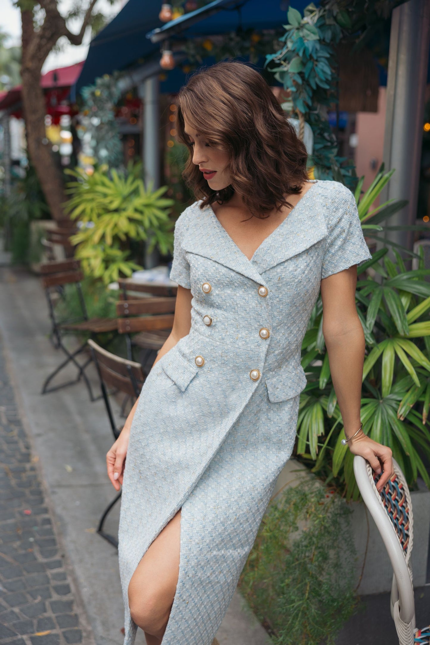 Blue Boucle Cap Sleeve Fitted Midi Dress Ieena for Mac Duggal