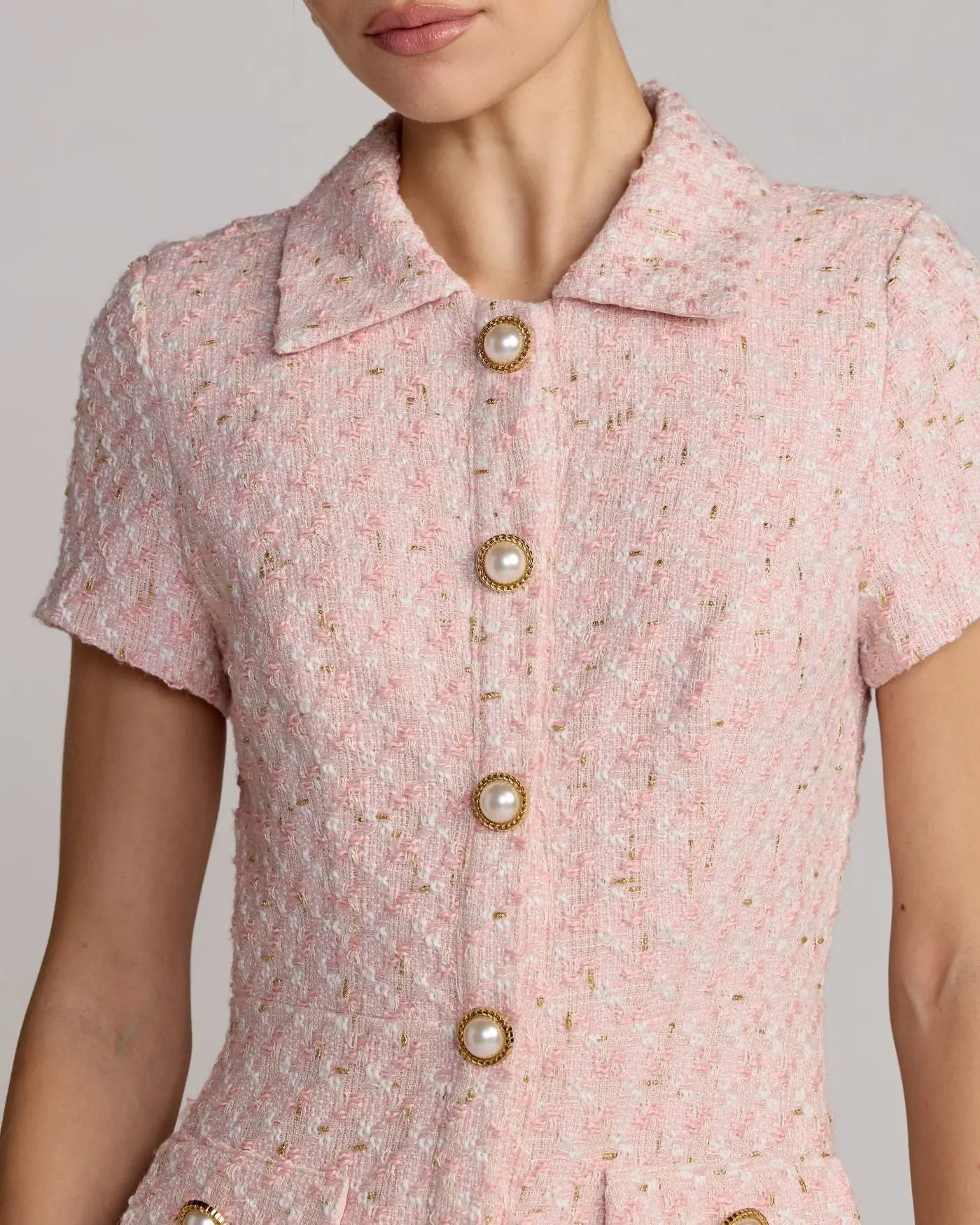 Pink Bouclé Button Front Mini Dress Ieena for Mac Duggal