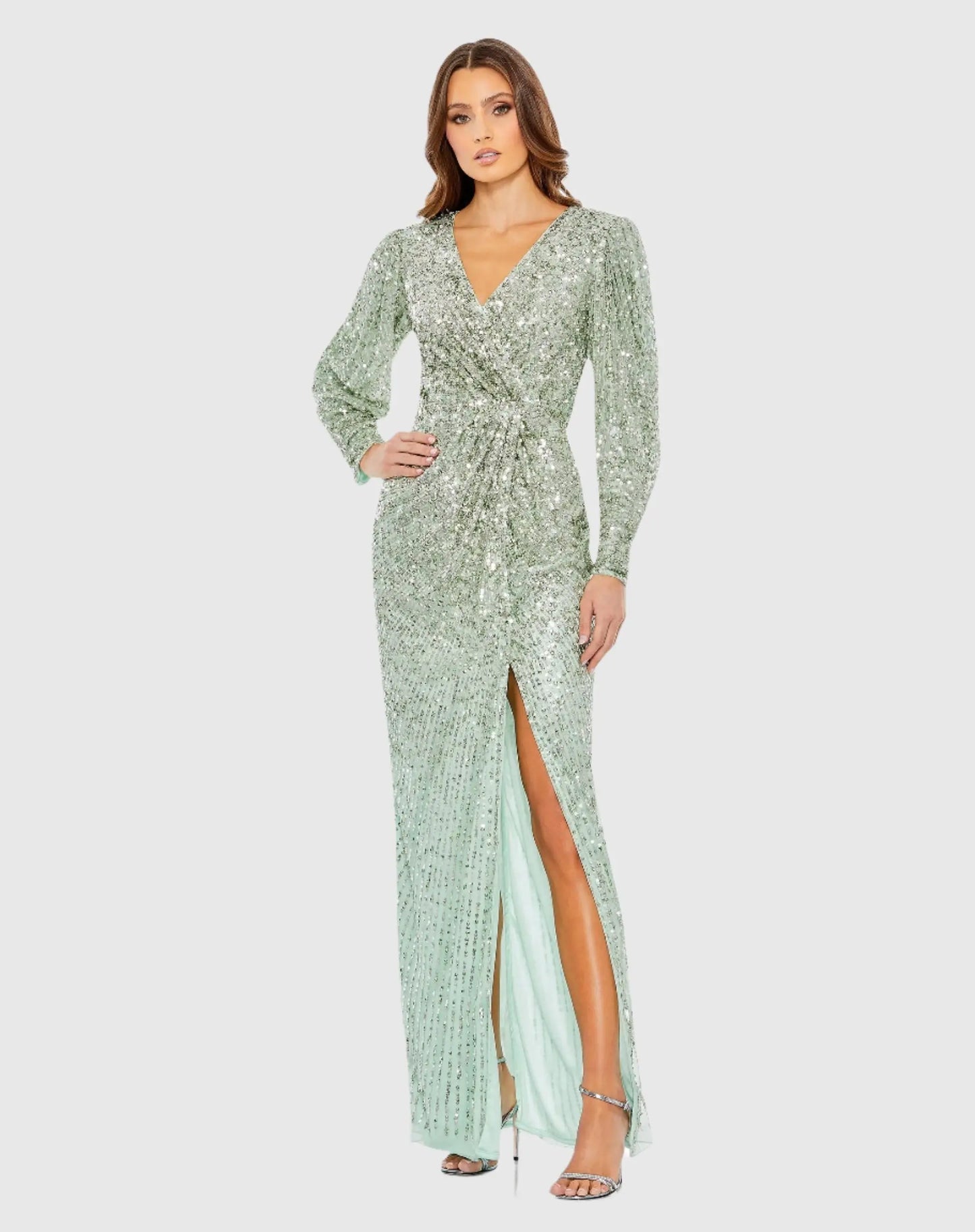 Embellished Faux Wrap Puff Sleeve Gown - Mac Duggal