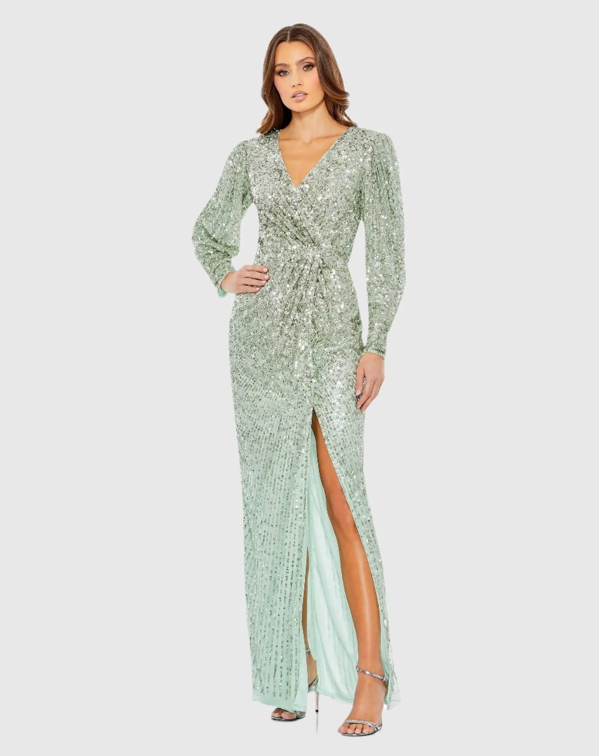 Embellished Faux Wrap Puff Sleeve Gown - Mac Duggal