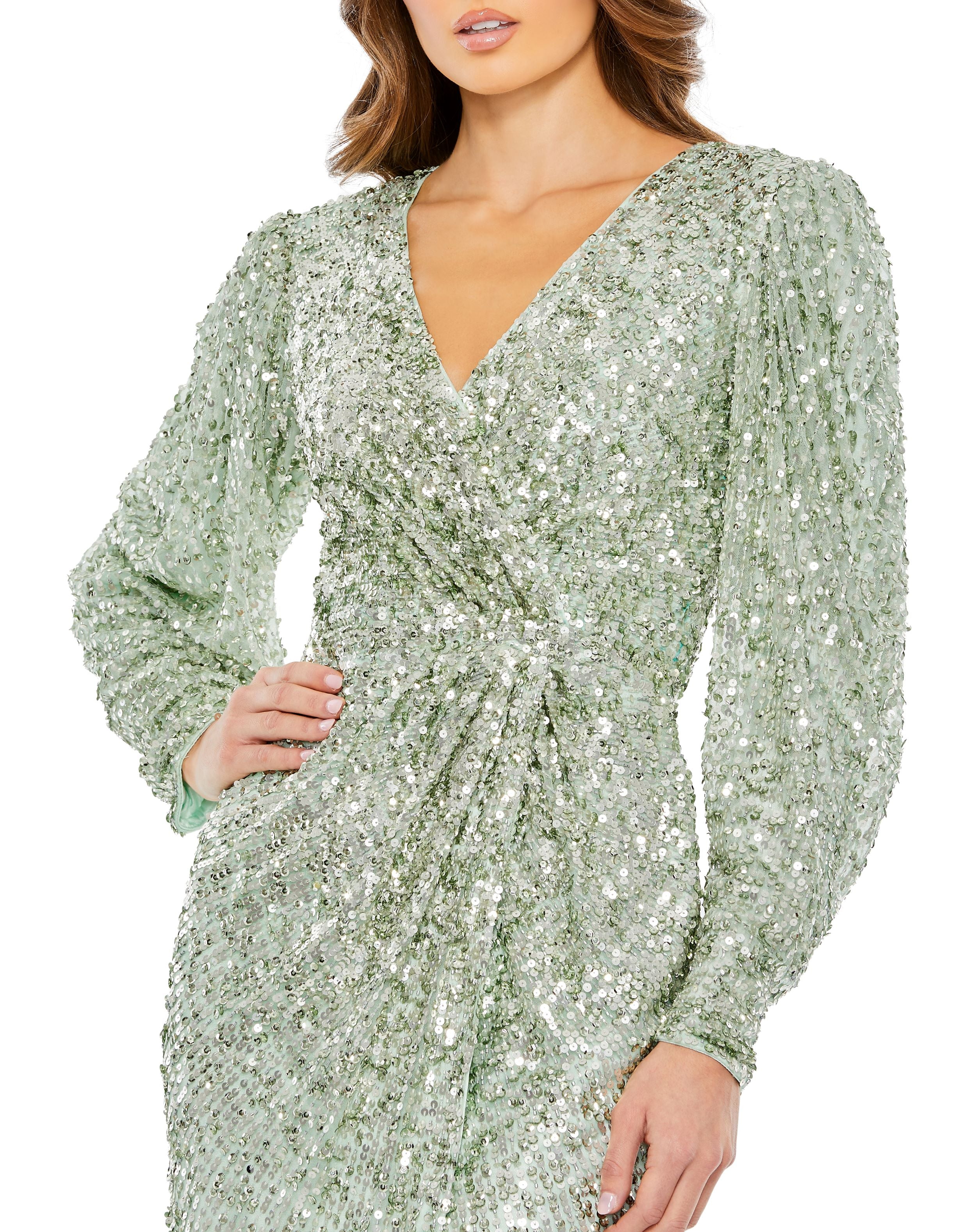 Embellished Faux Wrap Puff Sleeve Gown