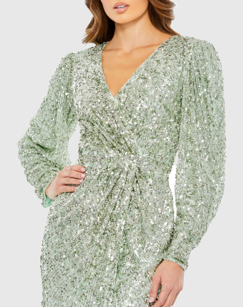 Embellished Faux Wrap Puff Sleeve Gown