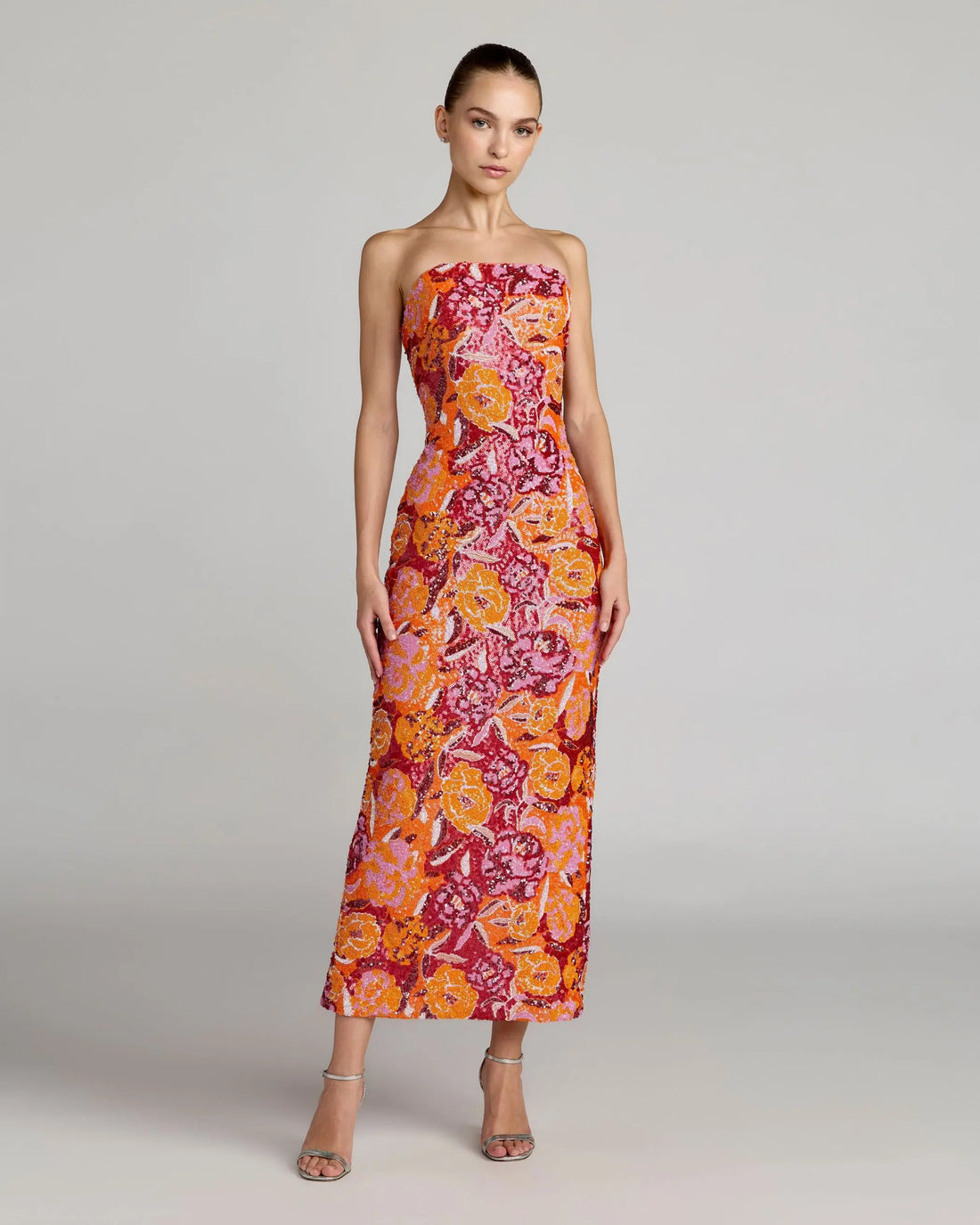 Pink and Orange Strapless Floral Sequin Midi Dress Ieena for Mac Duggal