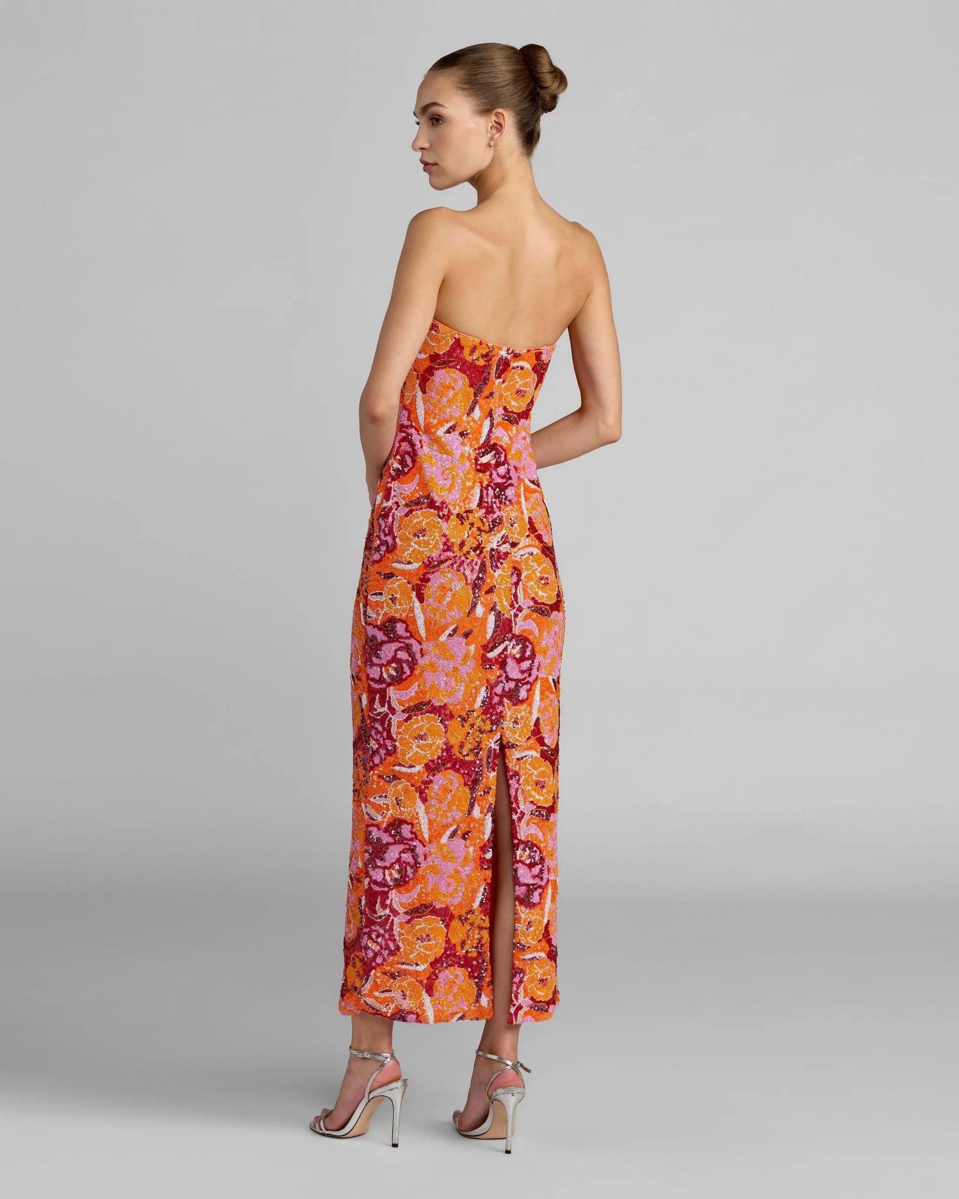 strapless orange maxi dress Mac Duggal Strapless Floral Sequin Midi Dress