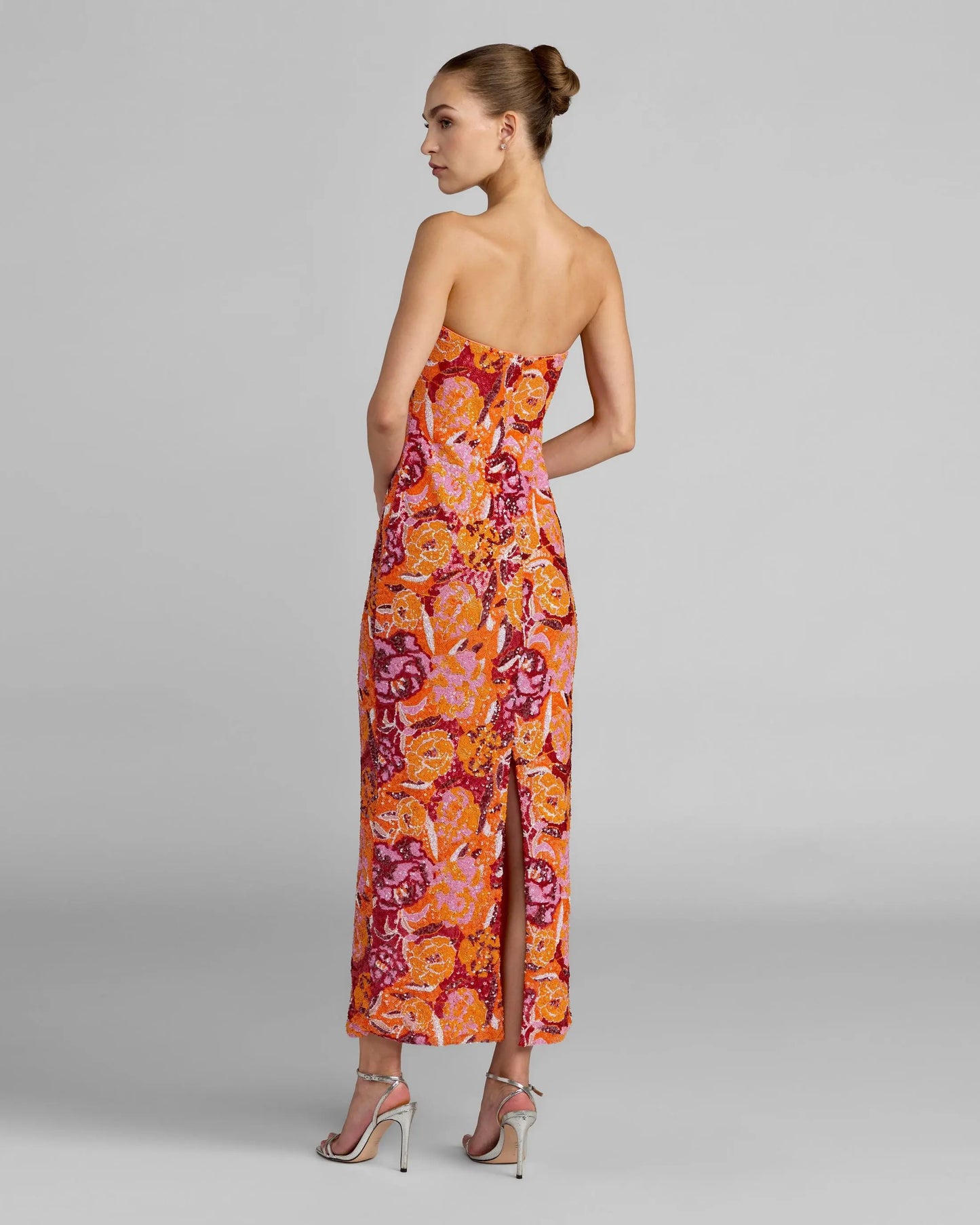 Pink and Orange Strapless Floral Sequin Midi Dress Ieena for Mac Duggal